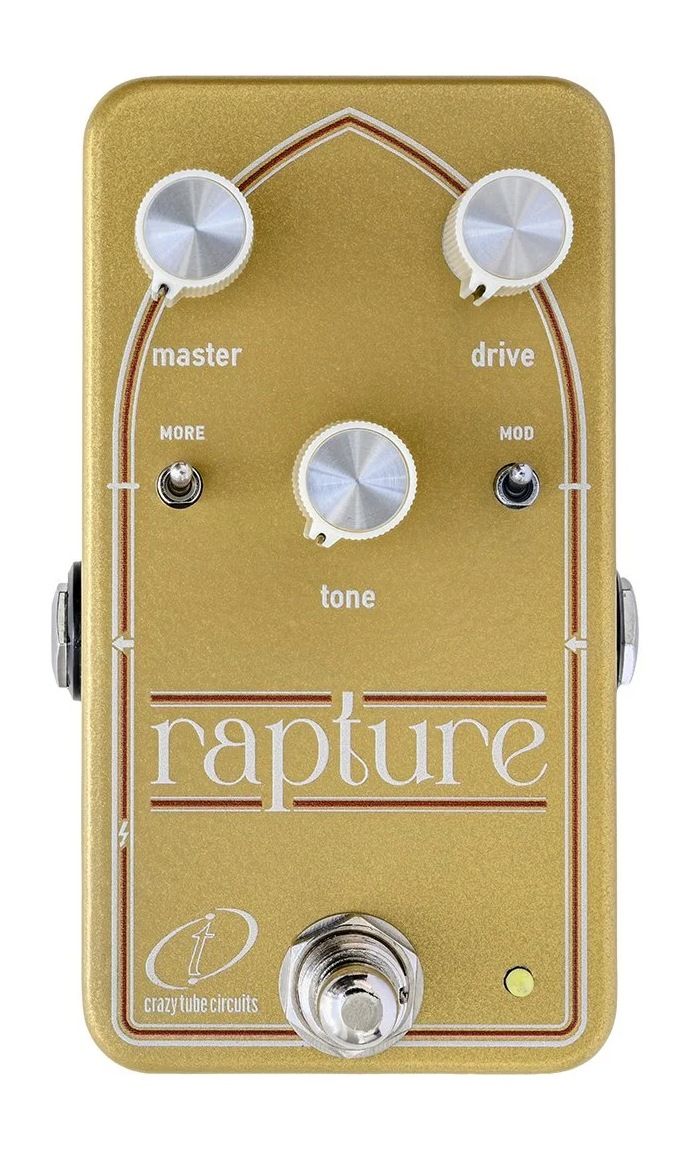 Crazy Tube Circuits Rapture overdrive, top view of the gold enclosure with Master, Drive and Tone knobs and MORE and MOD toggles