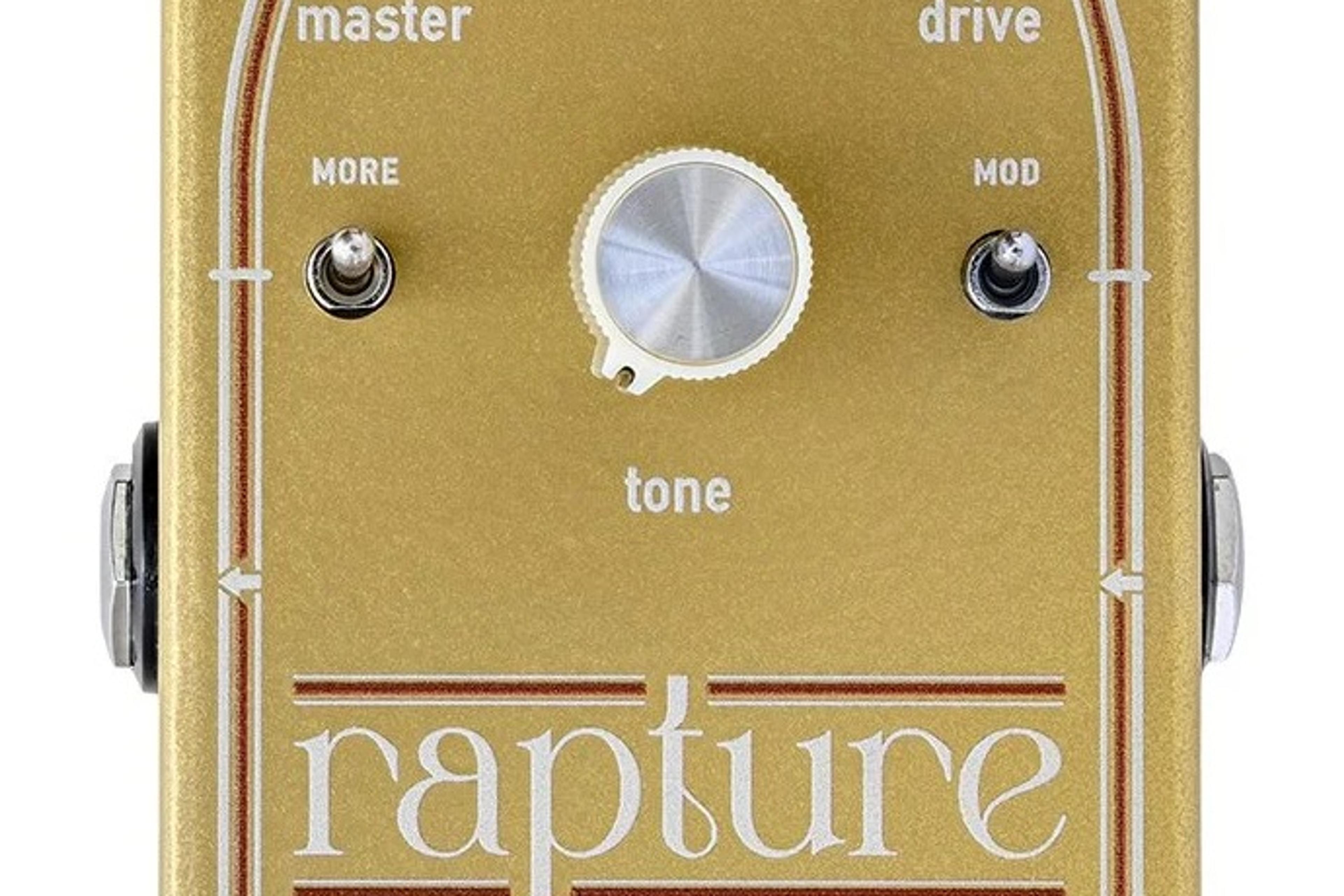 Crazy Tube Circuits Rapture overdrive, top view of the gold enclosure with Master, Drive and Tone knobs and MORE and MOD toggles