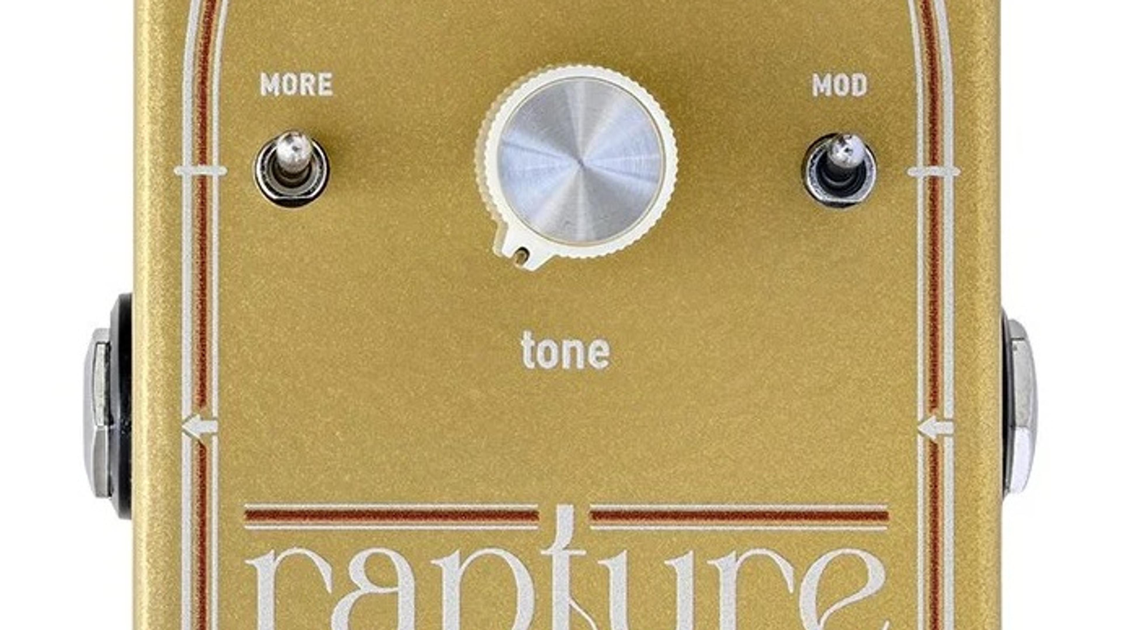 Crazy Tube Circuits Rapture overdrive, top view of the gold enclosure with Master, Drive and Tone knobs and MORE and MOD toggles