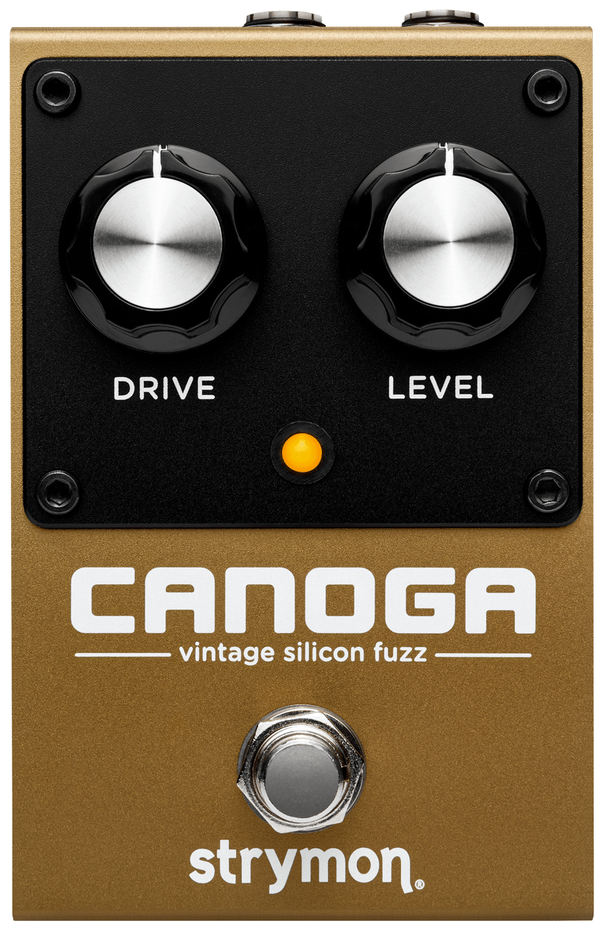 Strymon Canoga, top-down view, gold enclosure, Drive and Level knobs, amber LED