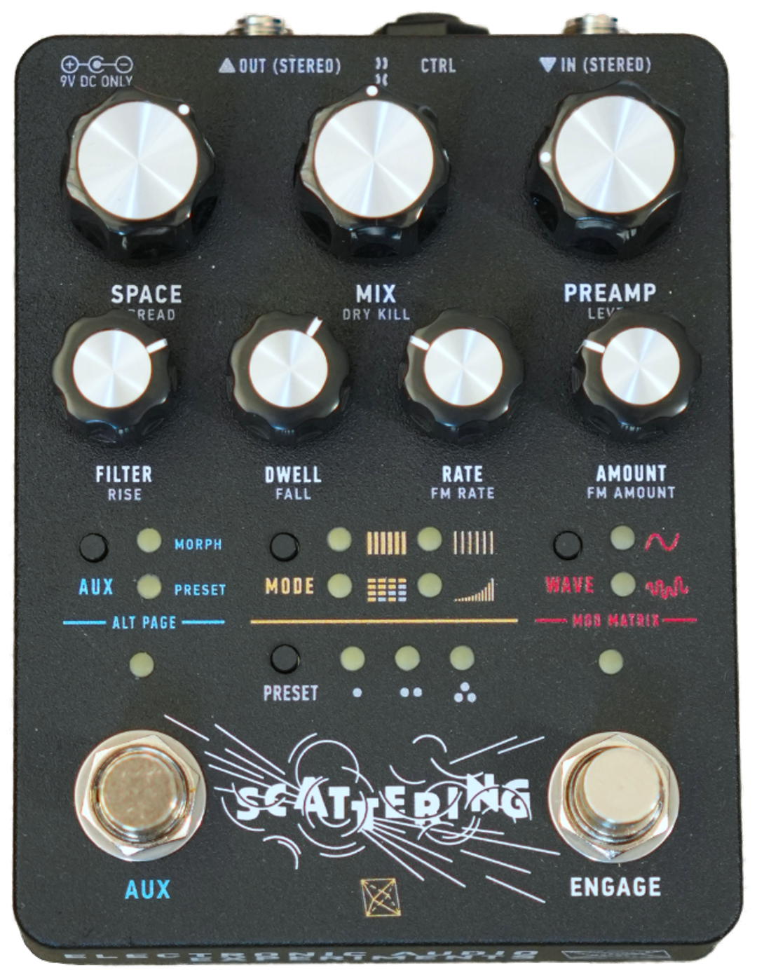 Electronic Audio Experiments Scattering, top-down view, black enclosure, SPACE MIX PREAMP knobs, AUX and ENGAGE footswitches