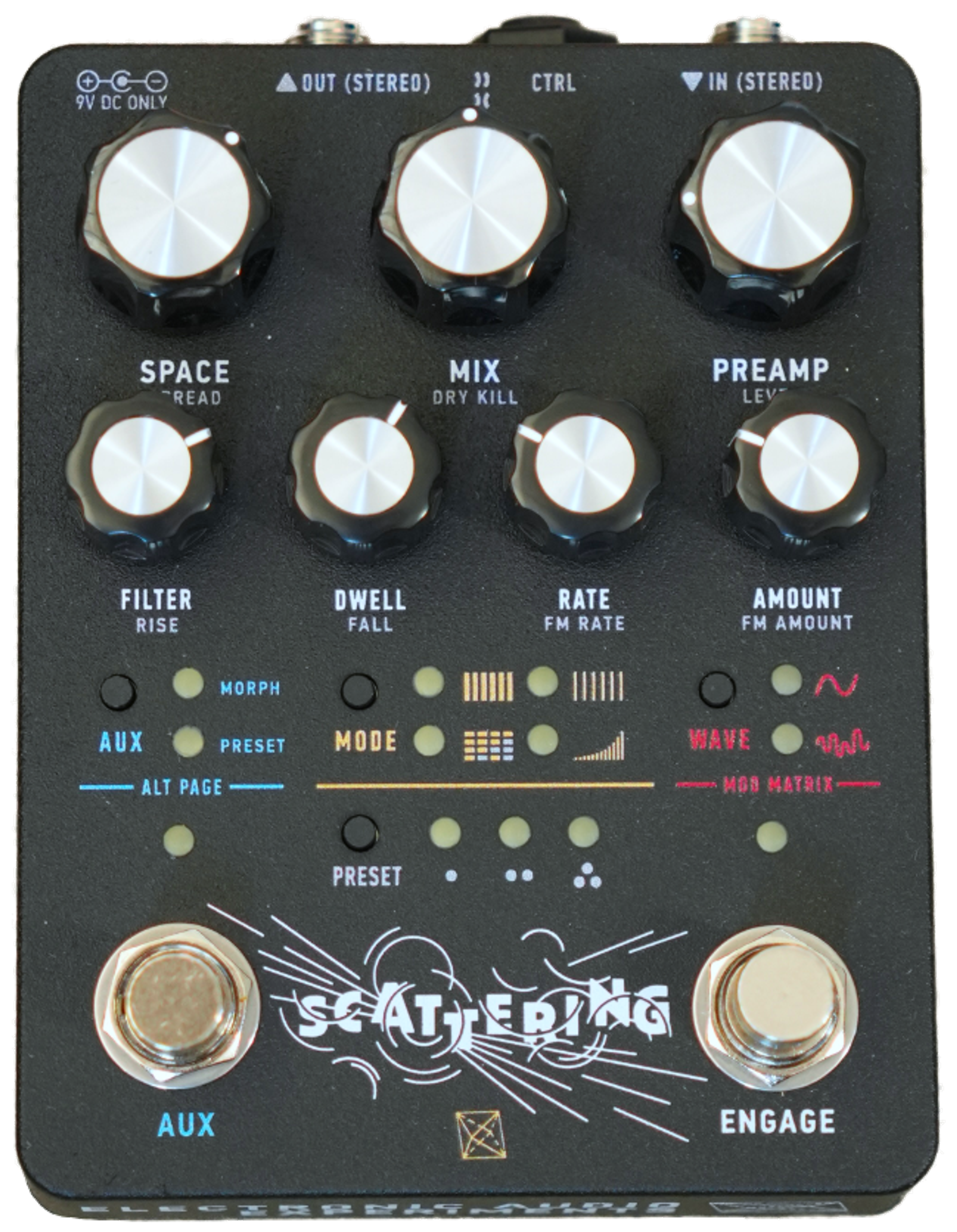 Electronic Audio Experiments Scattering, top-down view, black enclosure, SPACE MIX PREAMP knobs, AUX and ENGAGE footswitches