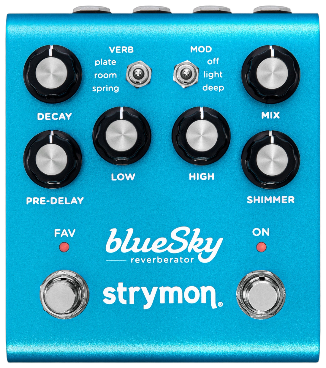Strymon blueSky V2, top-down view, cyan chassis, Shimmer and Mod controls, Favourite and On footswitches
