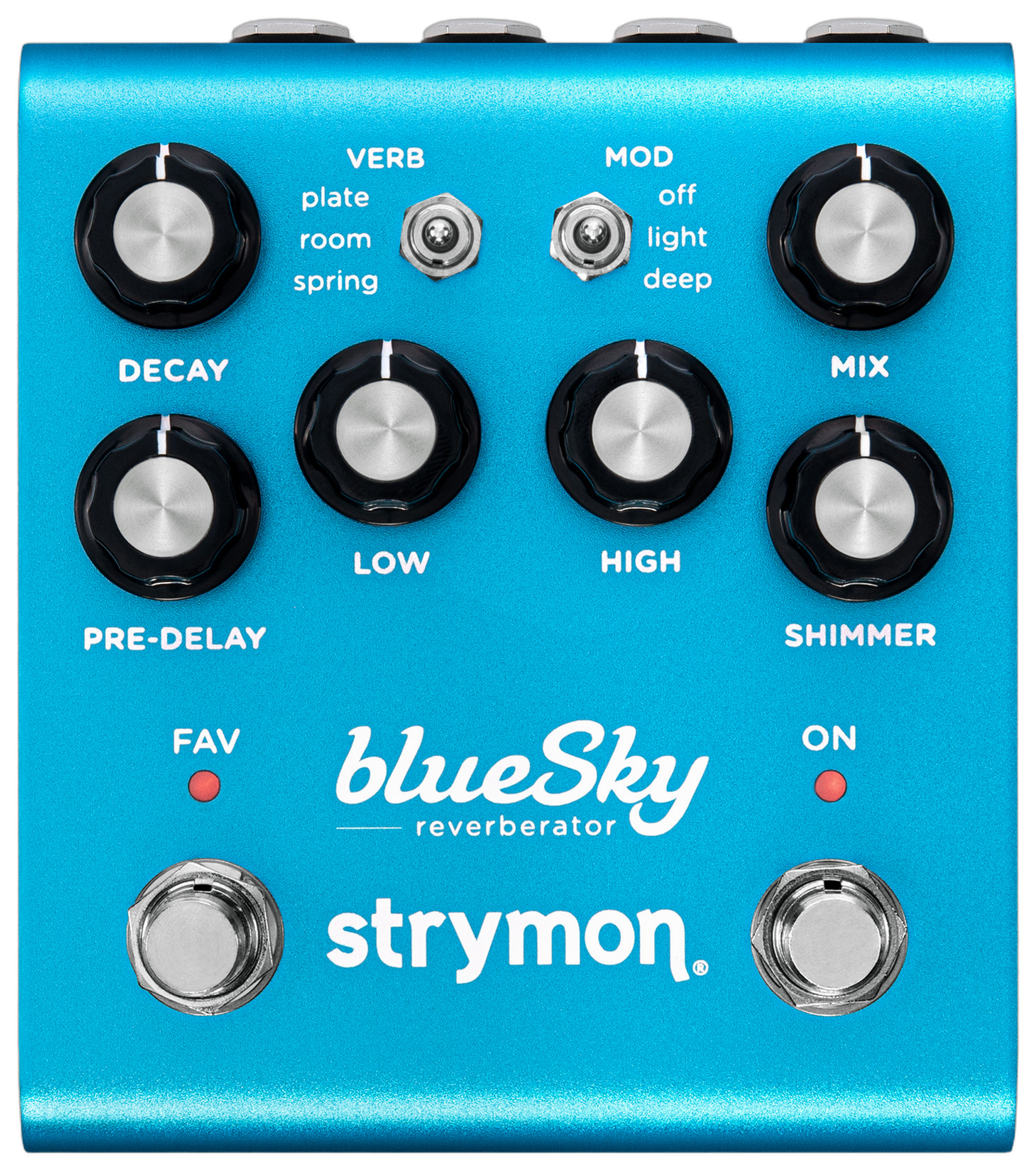 Strymon blueSky V2, top-down view, cyan chassis, Shimmer and Mod controls, Favourite and On footswitches