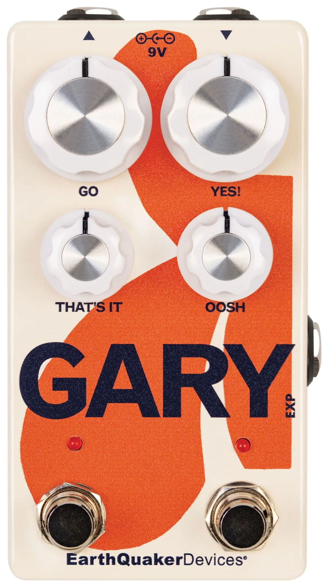 EarthQuaker Devices Gary, top-down view, cream enclosure with orange shape and GARY lettering, Go Yes! That's It Oosh knobs, two footswitches