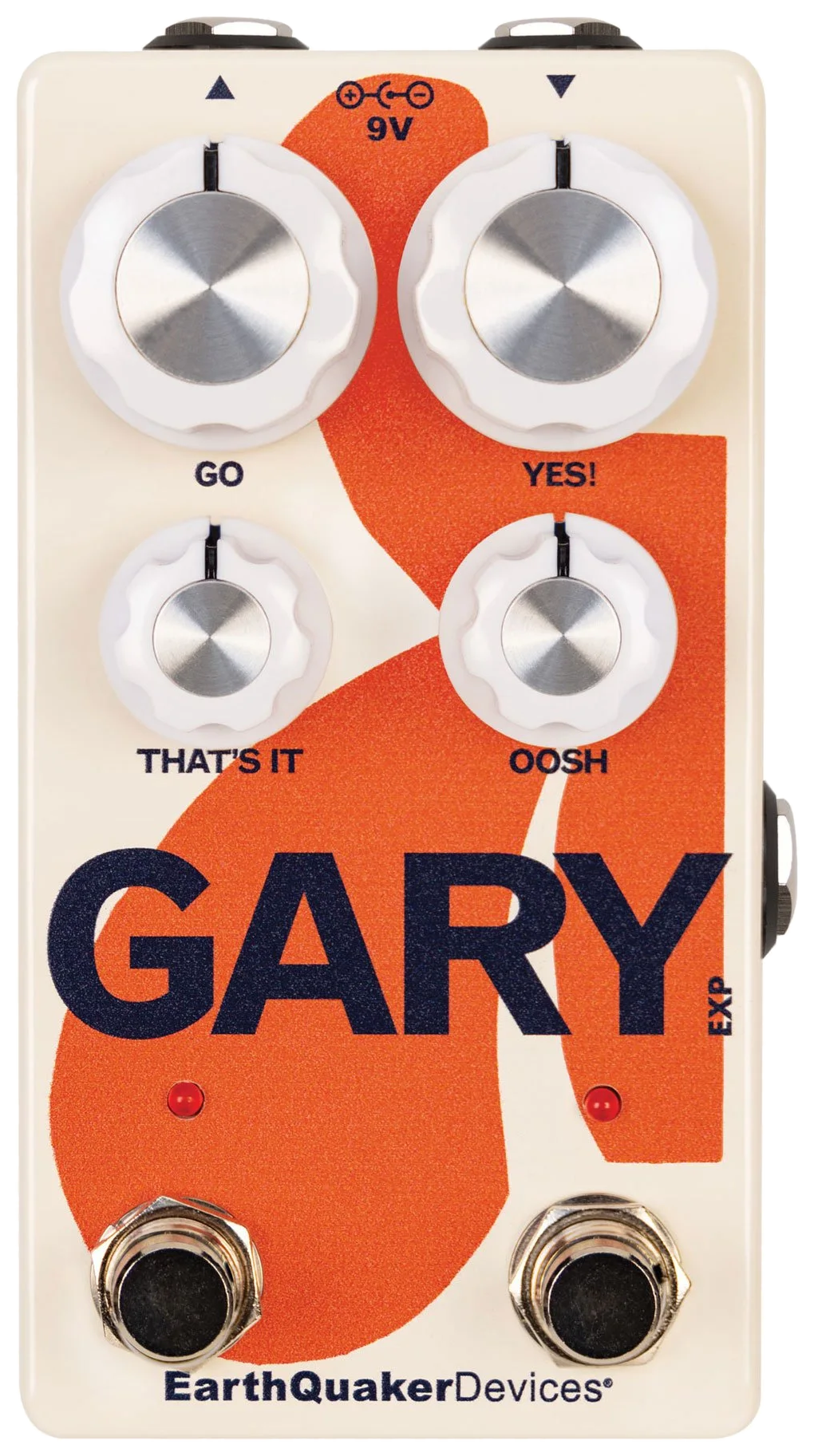 EarthQuaker Devices Gary, top-down view, cream enclosure with orange shape and GARY lettering, Go Yes! That's It Oosh knobs, two footswitches
