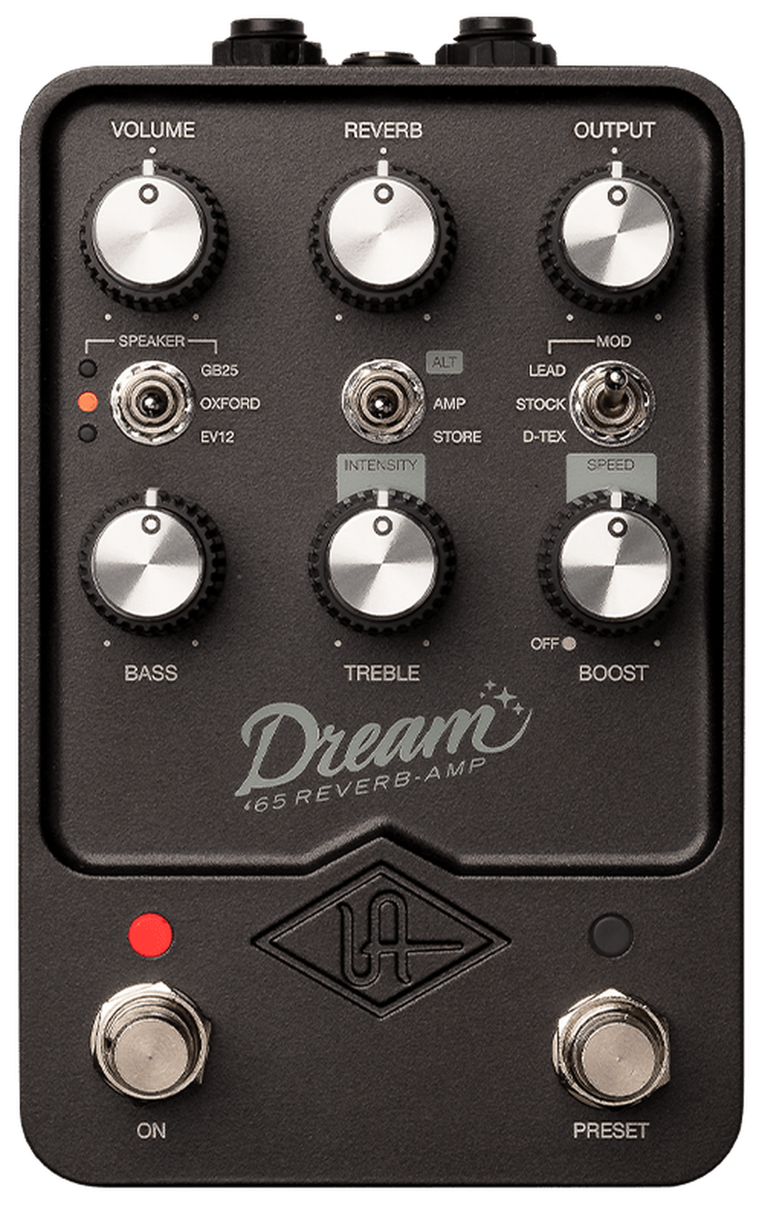 Universal Audio Dream '65 Reverb Amplifier, top-down view, dark enclosure, Volume Reverb Output knobs, Speaker and Mod switches