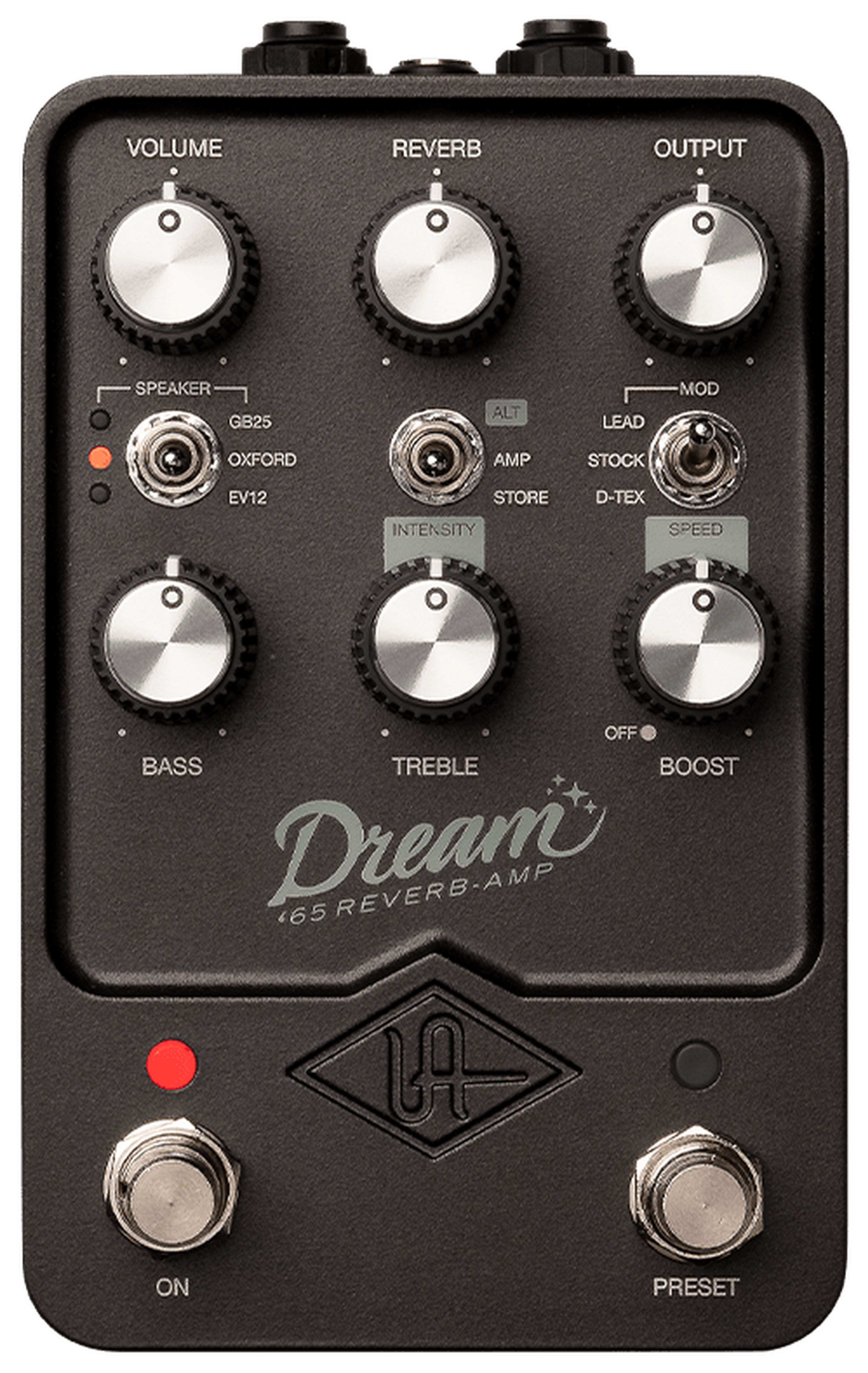 Universal Audio Dream '65 Reverb Amplifier, top-down view, dark enclosure, Volume Reverb Output knobs, Speaker and Mod switches