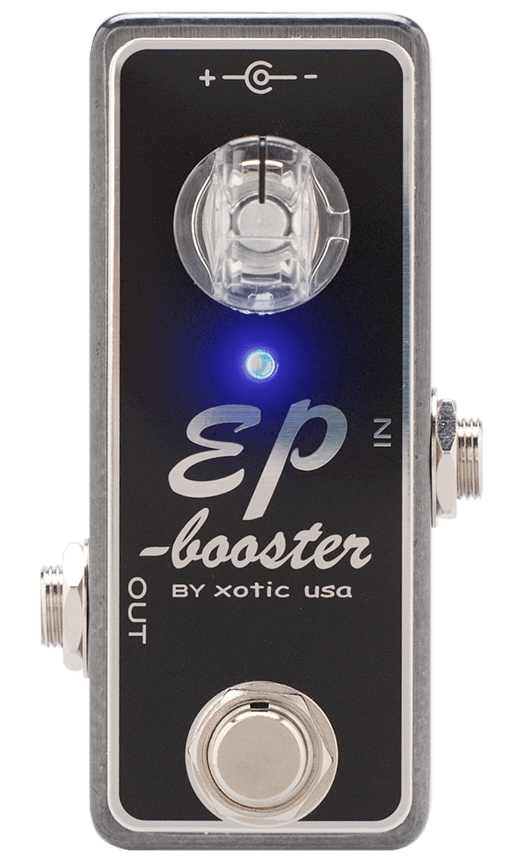 Xotic EP Booster, top-down view, black mini enclosure, clear boost knob, blue LED