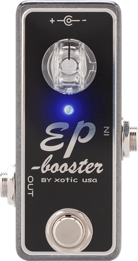 Xotic EP Booster, top-down view, black mini enclosure, clear boost knob, blue LED