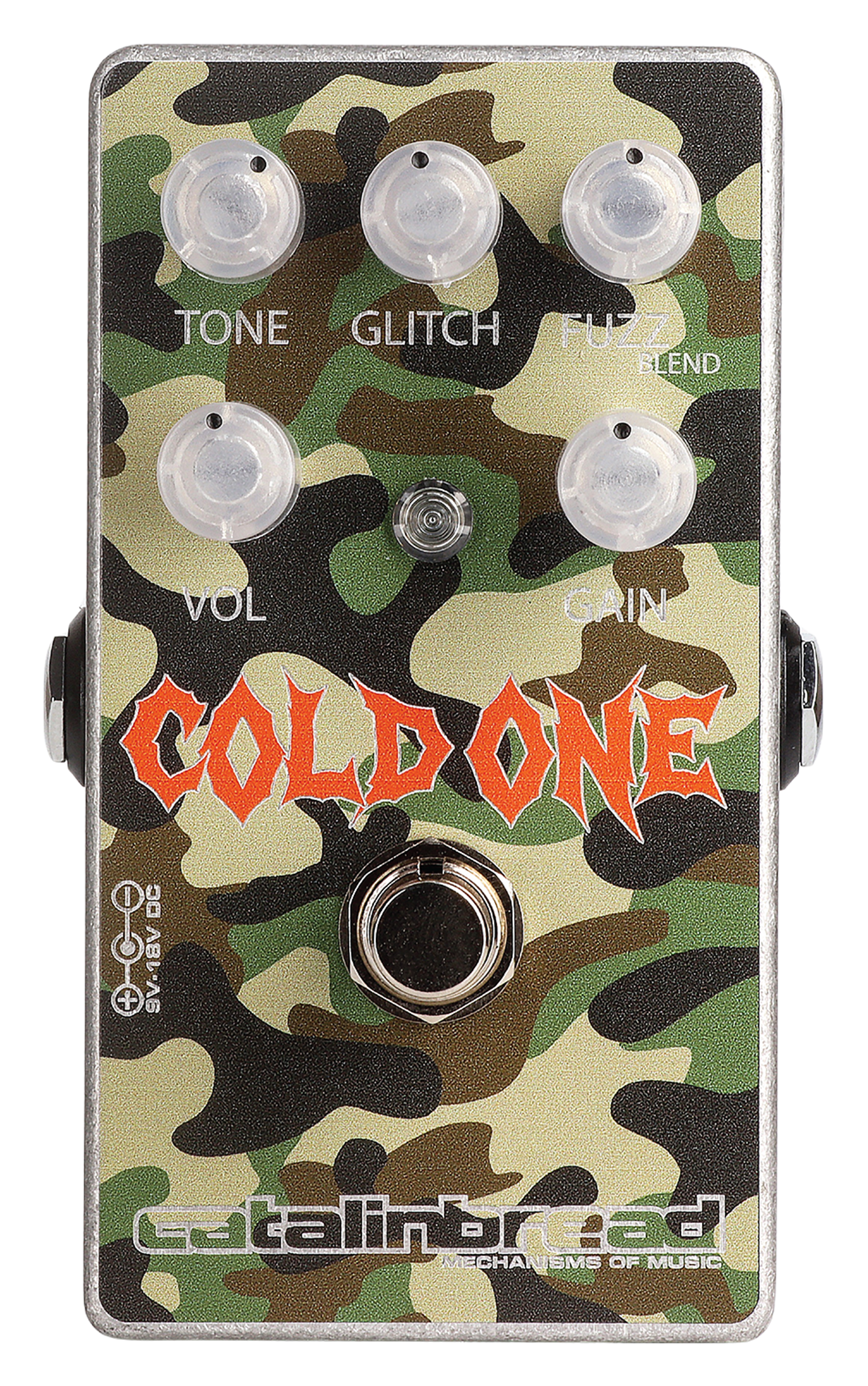 Catalinbread Cold One, top-down view, camouflage enclosure, five clear knobs, orange Cold One logo