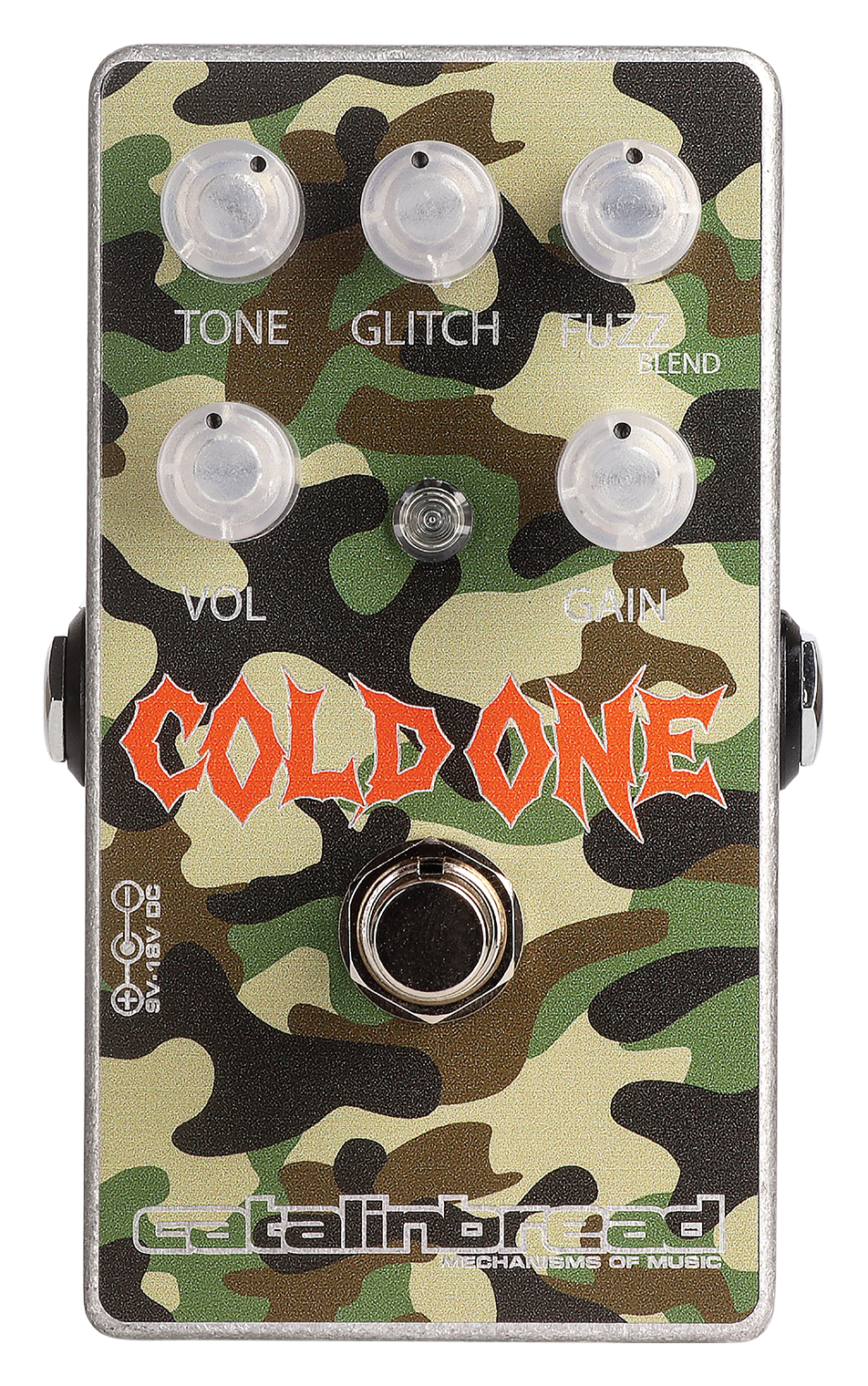 Catalinbread Cold One, top-down view, camouflage enclosure, five clear knobs, orange Cold One logo
