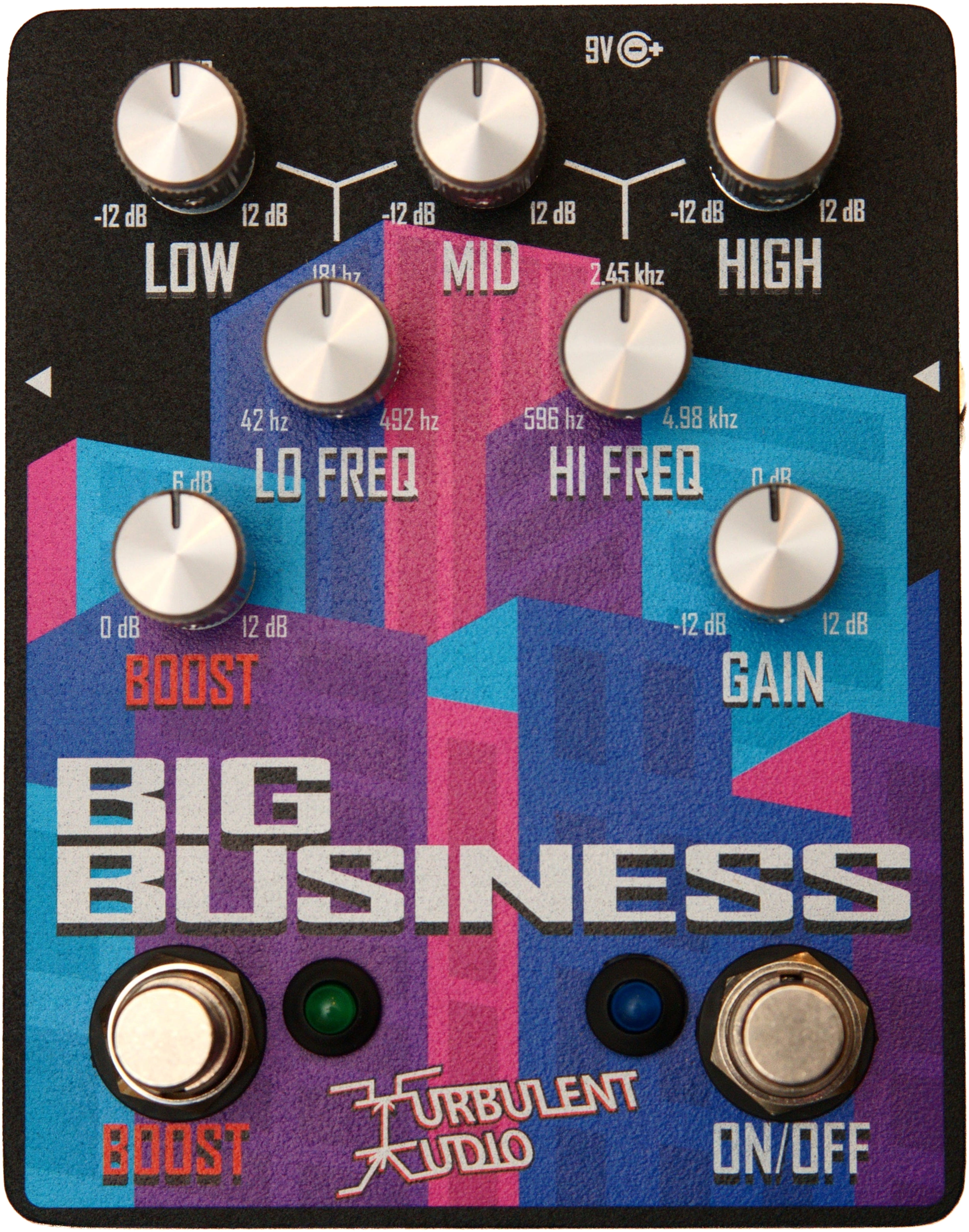 Turbulent Audio Big Business, front view, purple, pink and blue city-skyline graphic, eight knobs, Boost and On/Off footswitches