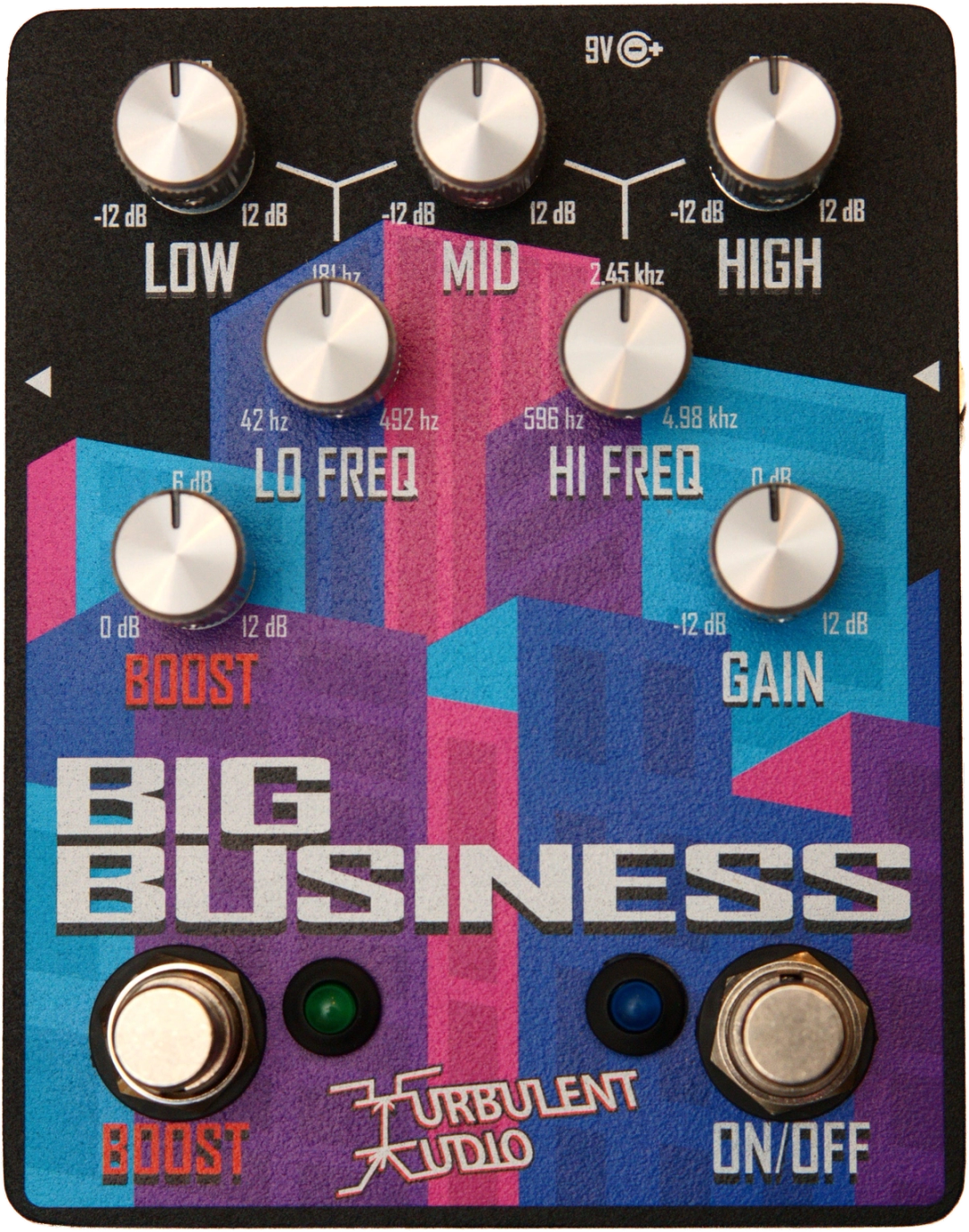 Turbulent Audio Big Business, front view, purple, pink and blue city-skyline graphic, eight knobs, Boost and On/Off footswitches