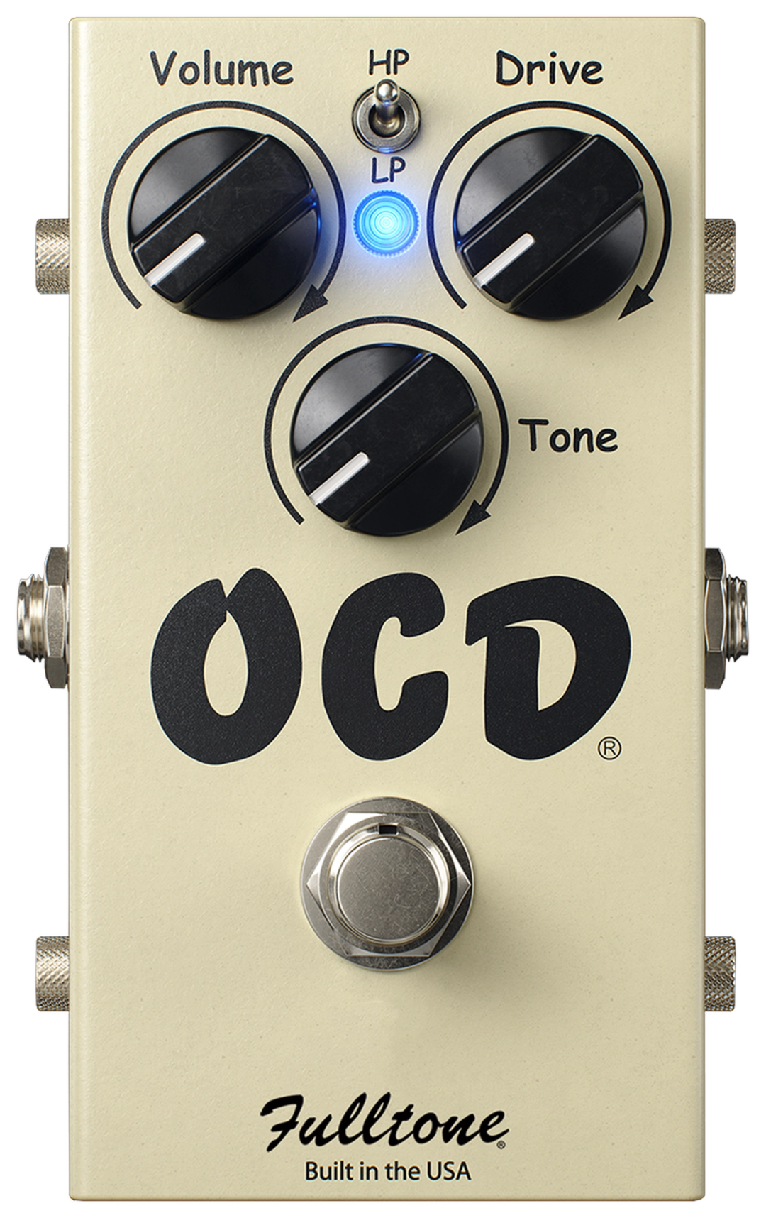 Fulltone OCD V2, top-down view, cream enclosure, Volume Drive Tone knobs, HP/LP switch, blue LED