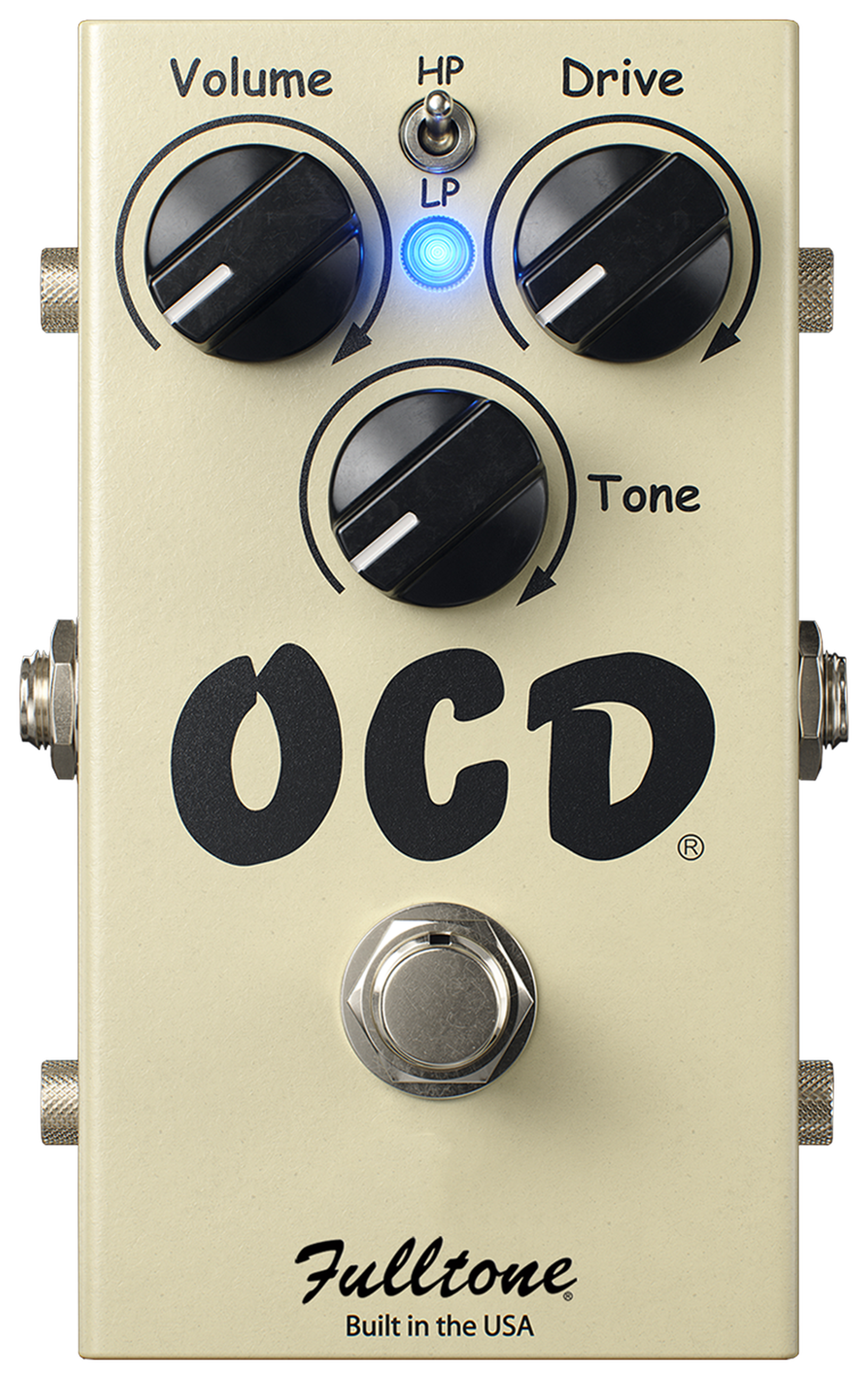 Fulltone OCD V2, top-down view, cream enclosure, Volume Drive Tone knobs, HP/LP switch, blue LED