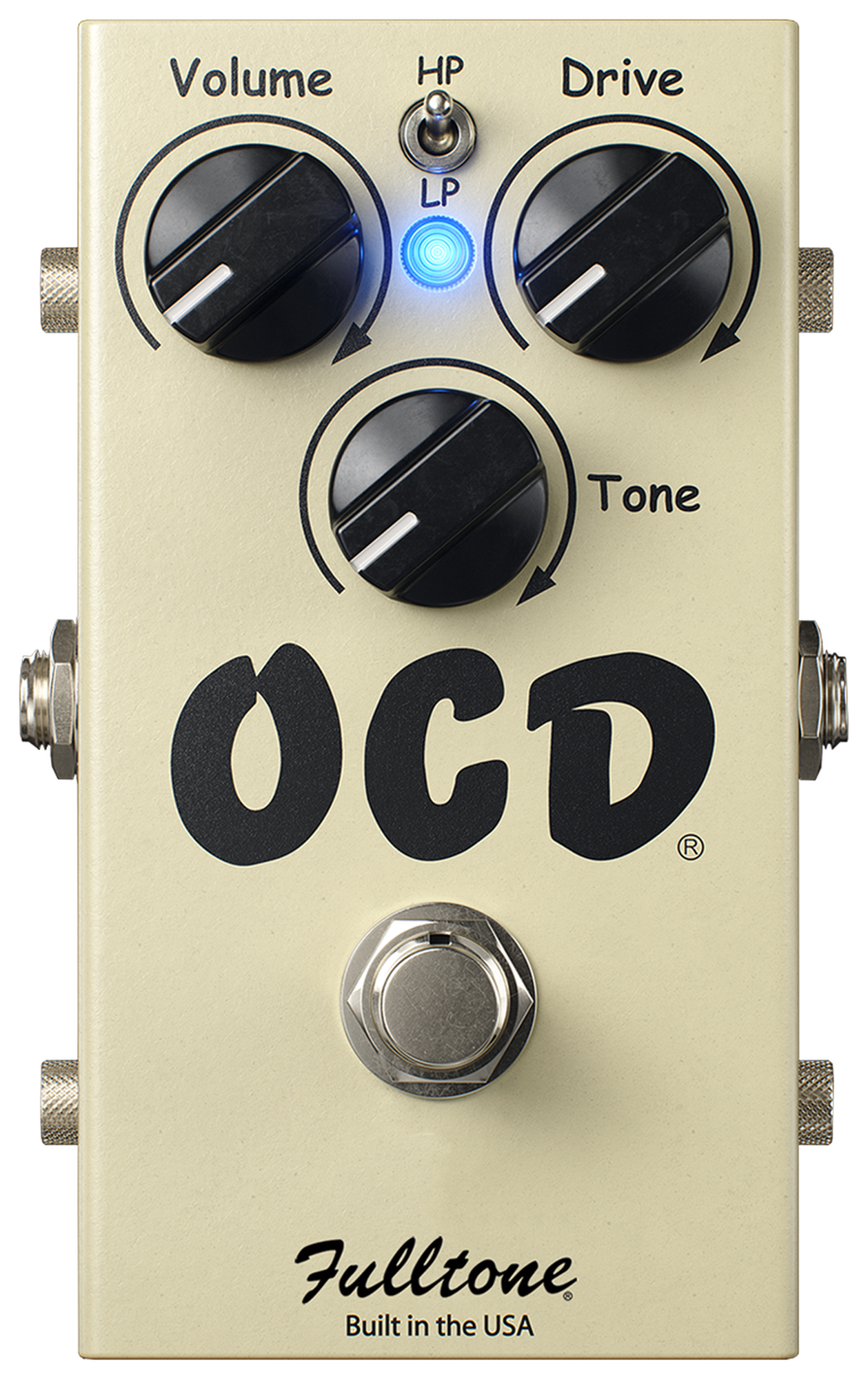 Fulltone OCD V2, top-down view, cream enclosure, Volume Drive Tone knobs, HP/LP switch, blue LED