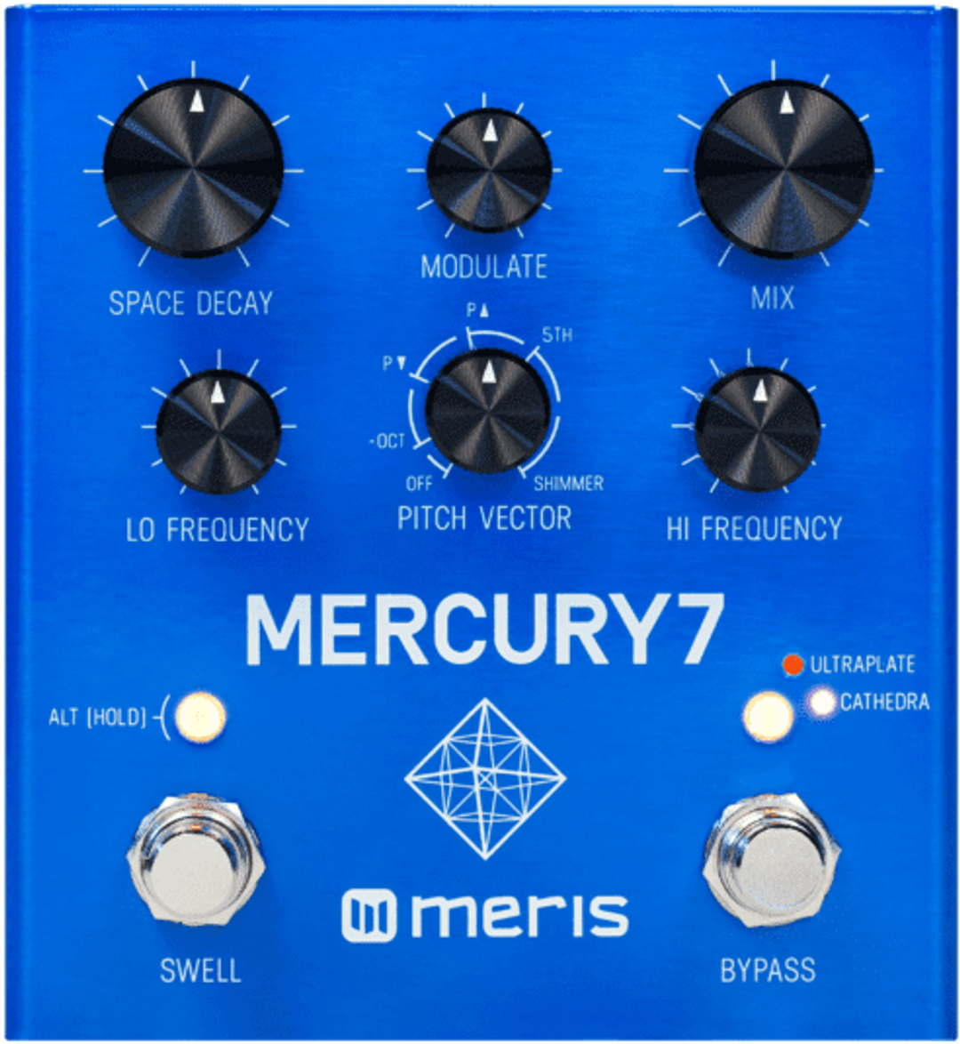 Meris Mercury7, top-down, blue enclosure, six black knobs, Swell and Bypass footswitches