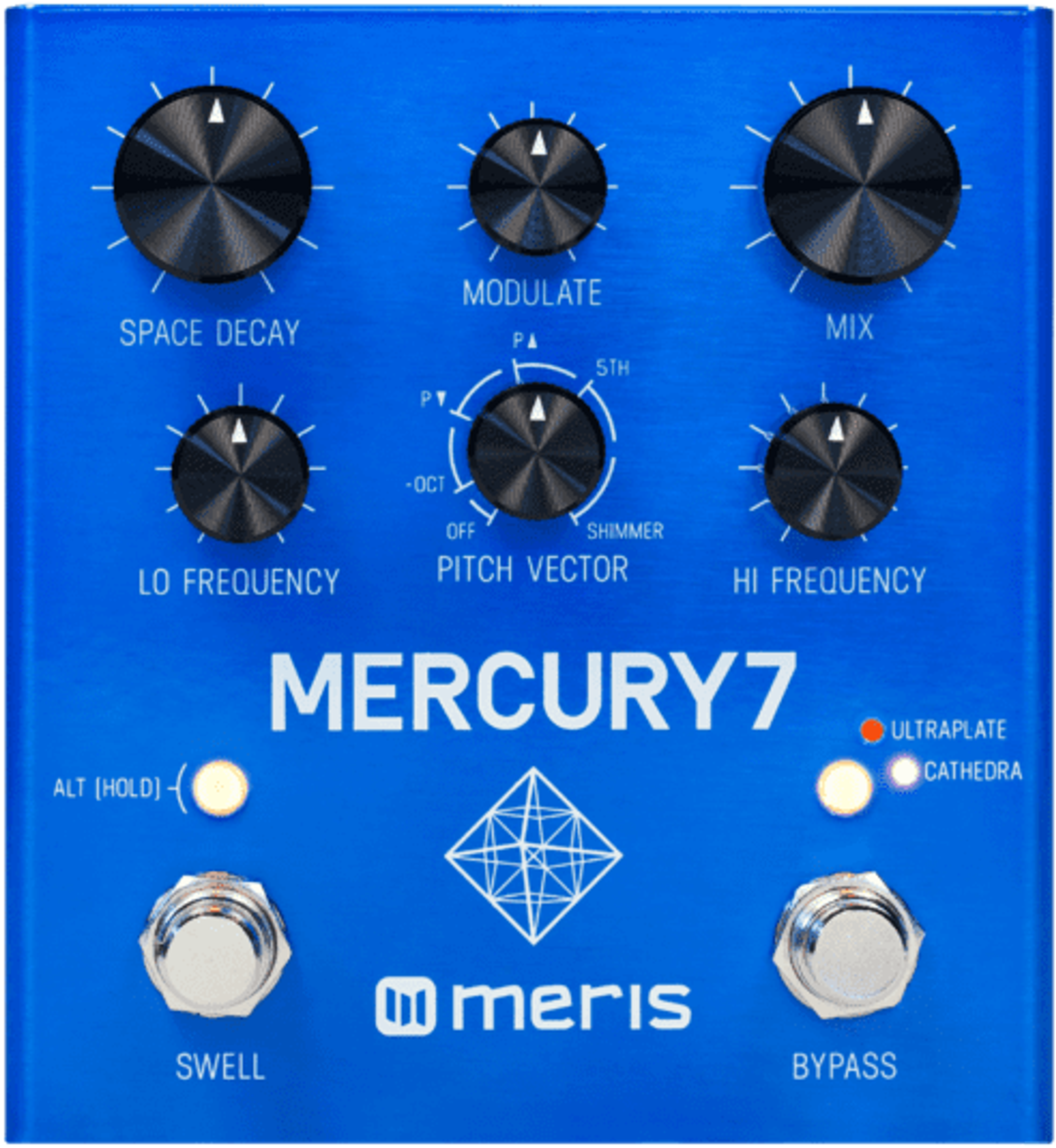 Meris Mercury7, top-down, blue enclosure, six black knobs, Swell and Bypass footswitches