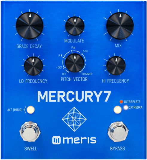 Meris Mercury7, top-down, blue enclosure, six black knobs, Swell and Bypass footswitches