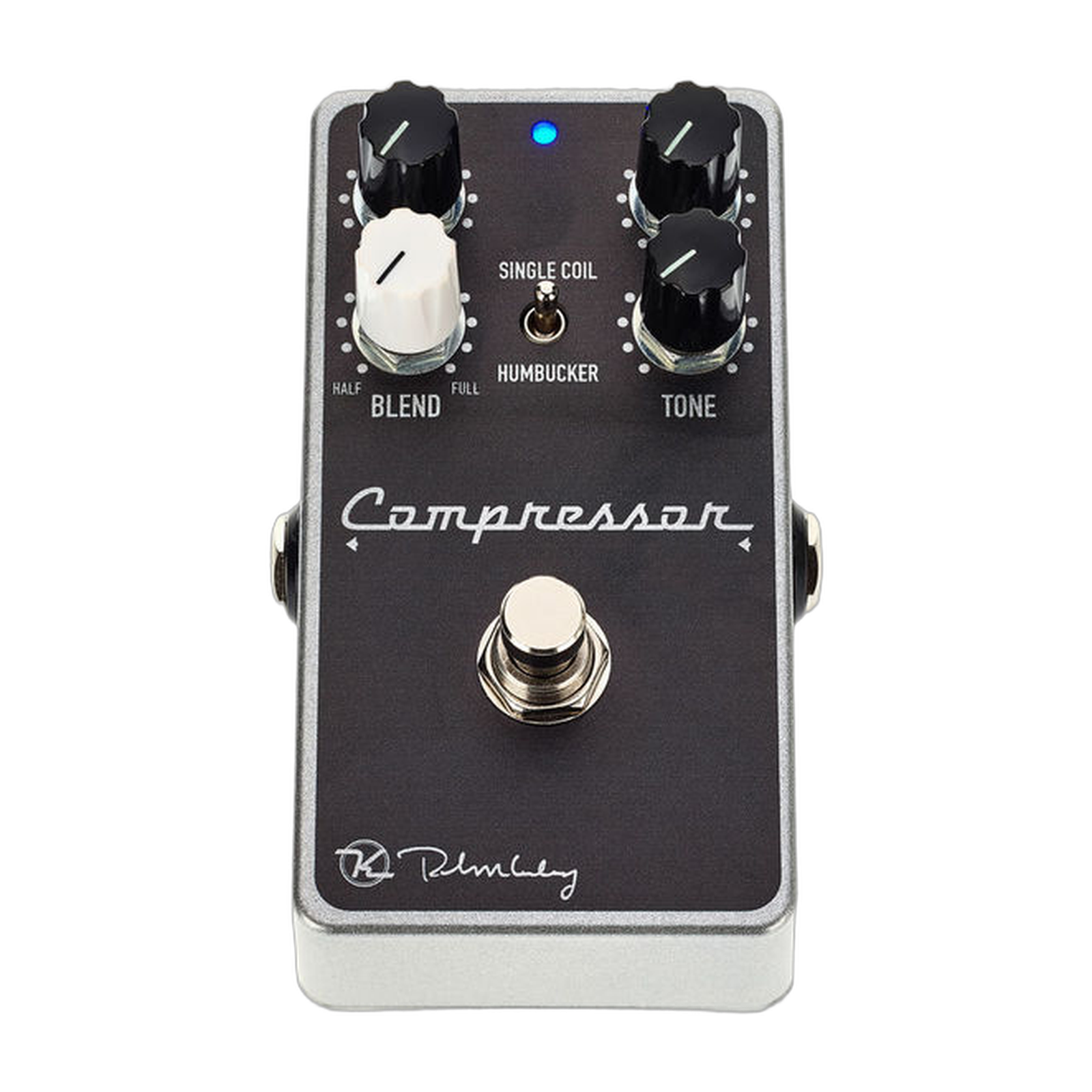 Keeley Compressor Plus, top-down packshot, black faceplate, SUSTAIN LEVEL BLEND TONE, Single Coil/Humbucker switch