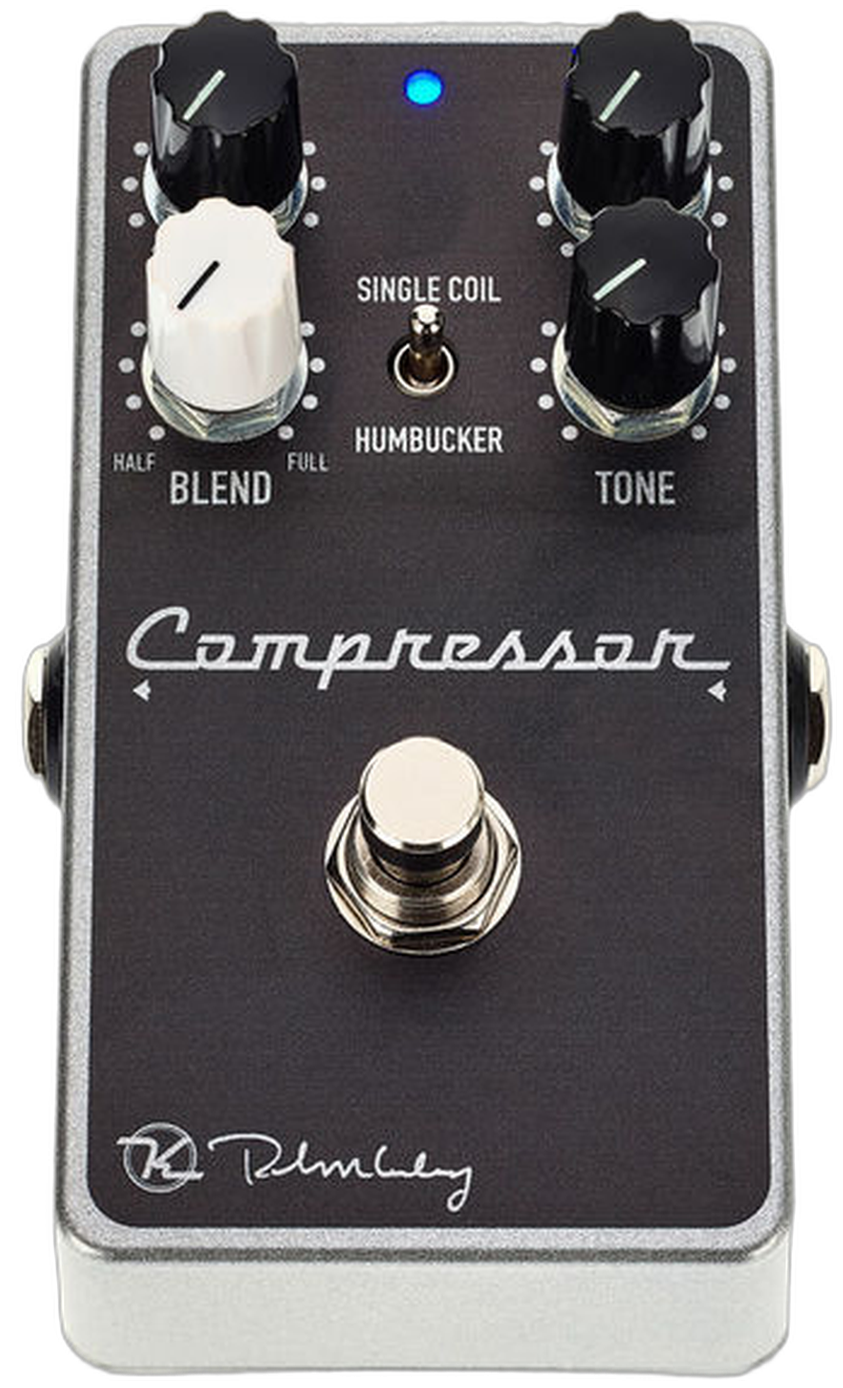 Keeley Compressor Plus, top-down packshot, black faceplate, SUSTAIN LEVEL BLEND TONE, Single Coil/Humbucker switch