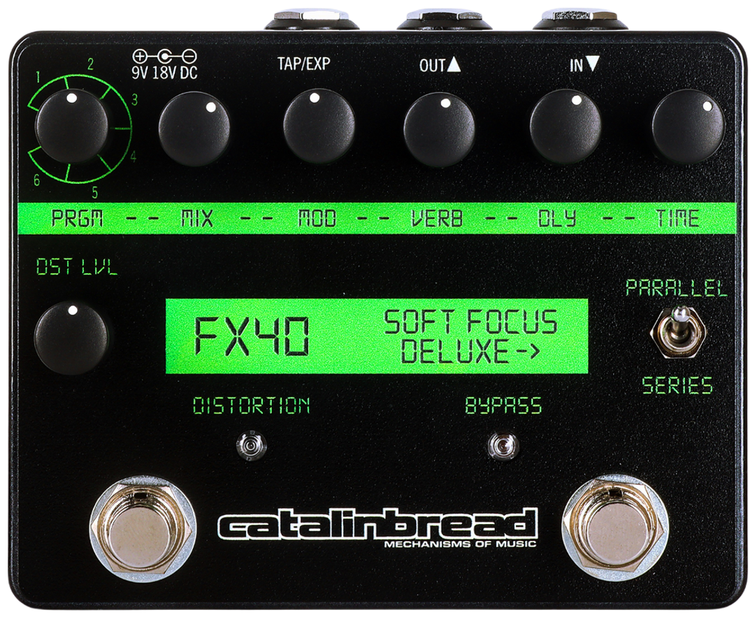 Catalinbread Soft Focus Deluxe, top-down view, black enclosure, green FX40 display panel, two footswitches