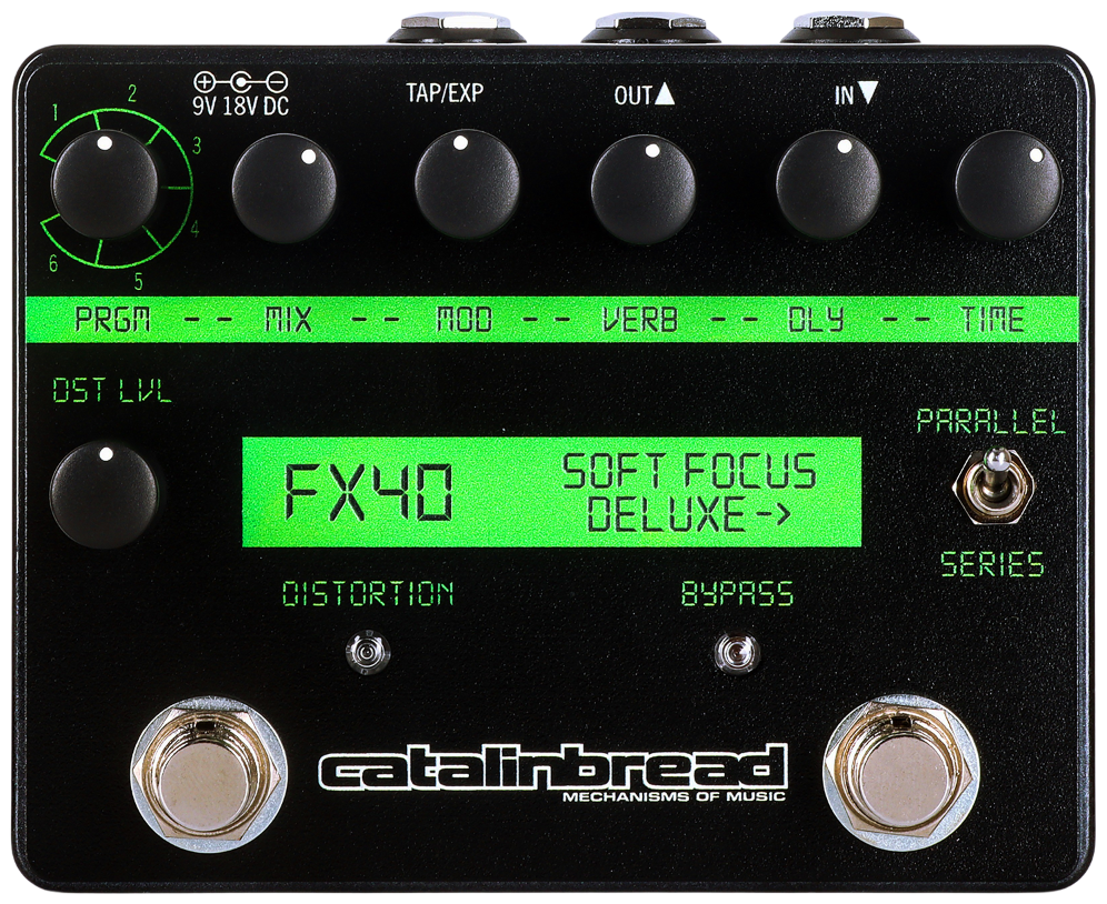 Catalinbread Soft Focus Deluxe, top-down view, black enclosure, green FX40 display panel, two footswitches