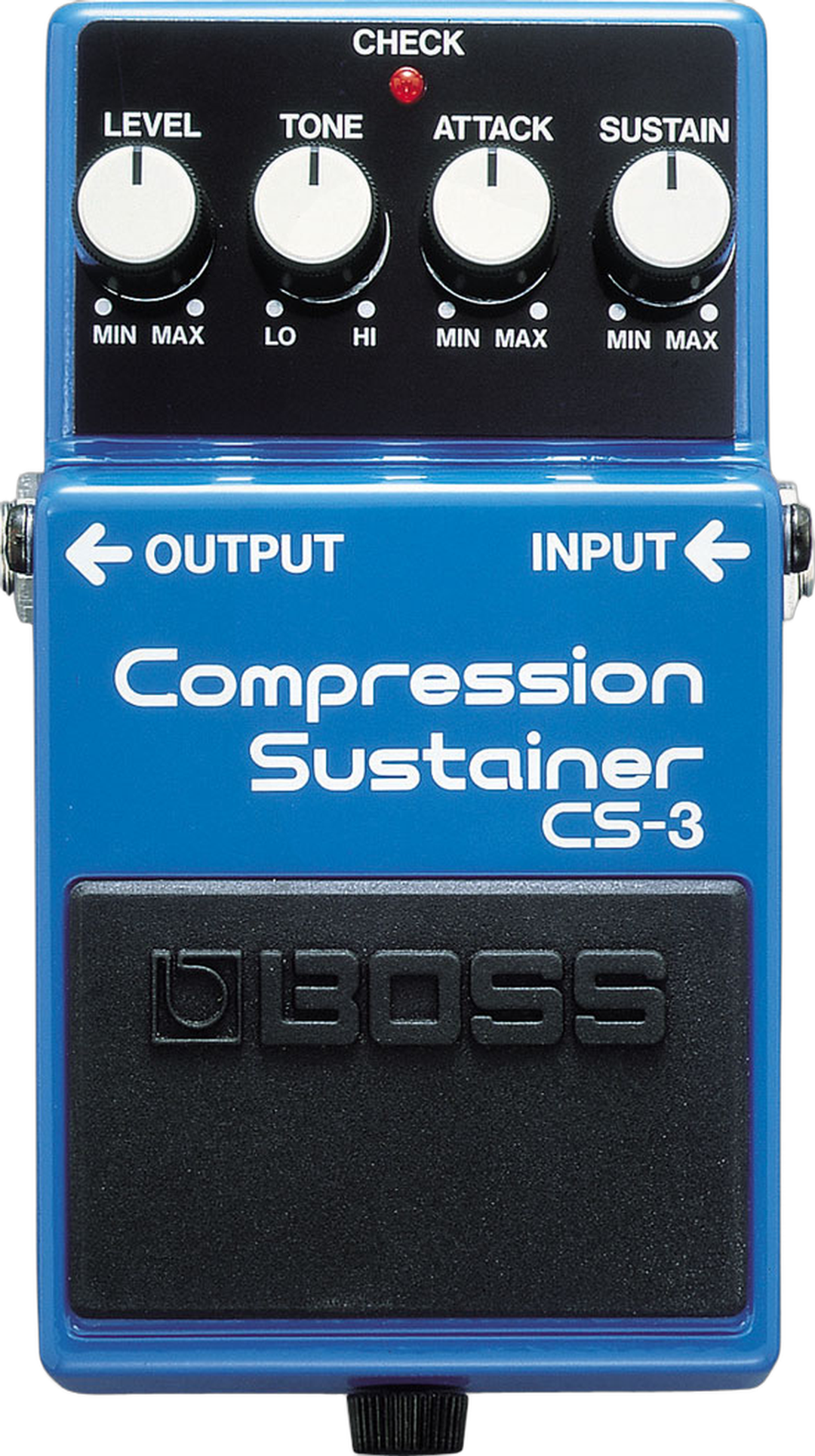 BOSS CS-3 Compression Sustainer, top view, blue enclosure, Level Tone Attack Sustain knobs, black rubber footswitch