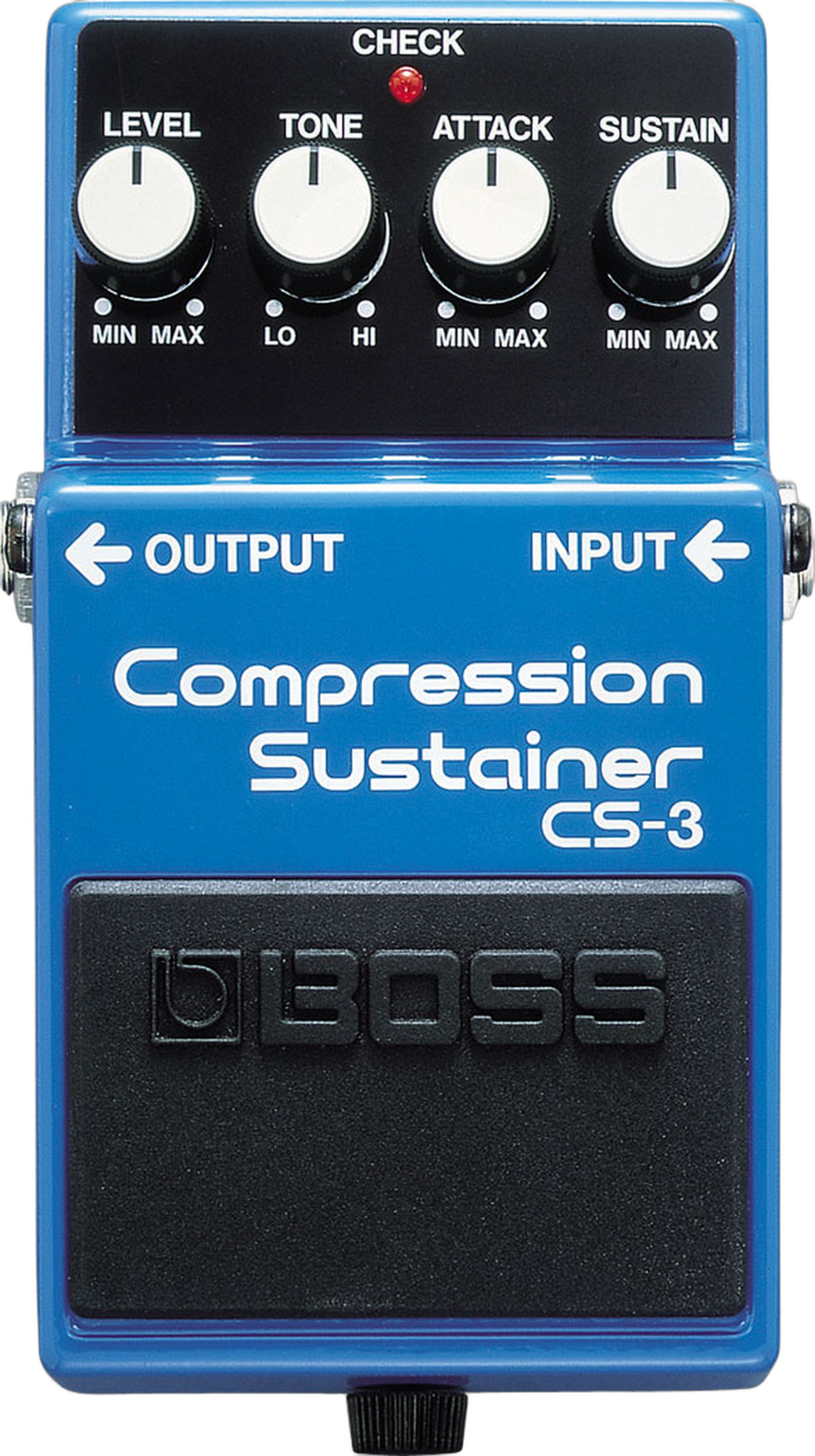 BOSS CS-3 Compression Sustainer, top view, blue enclosure, Level Tone Attack Sustain knobs, black rubber footswitch