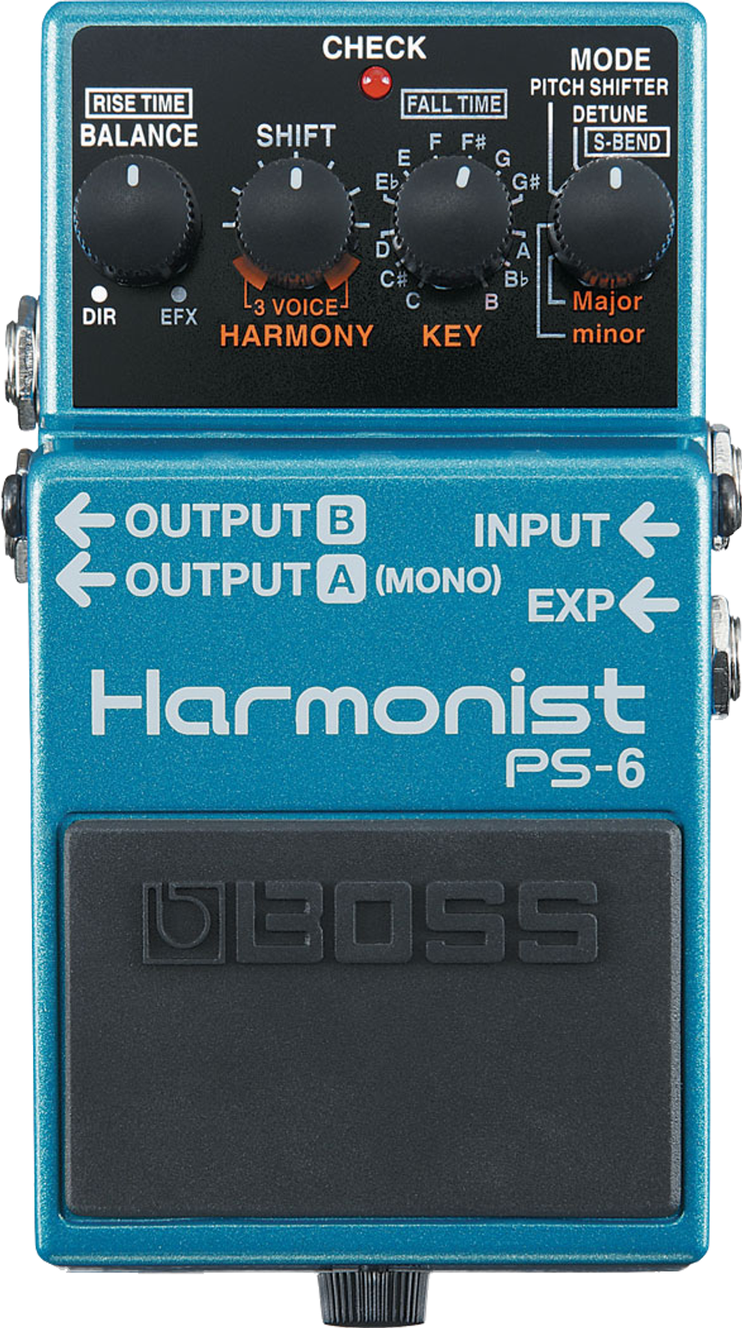 BOSS PS-6 Harmonist, top-down view, blue compact pedal with four knobs and footswitch