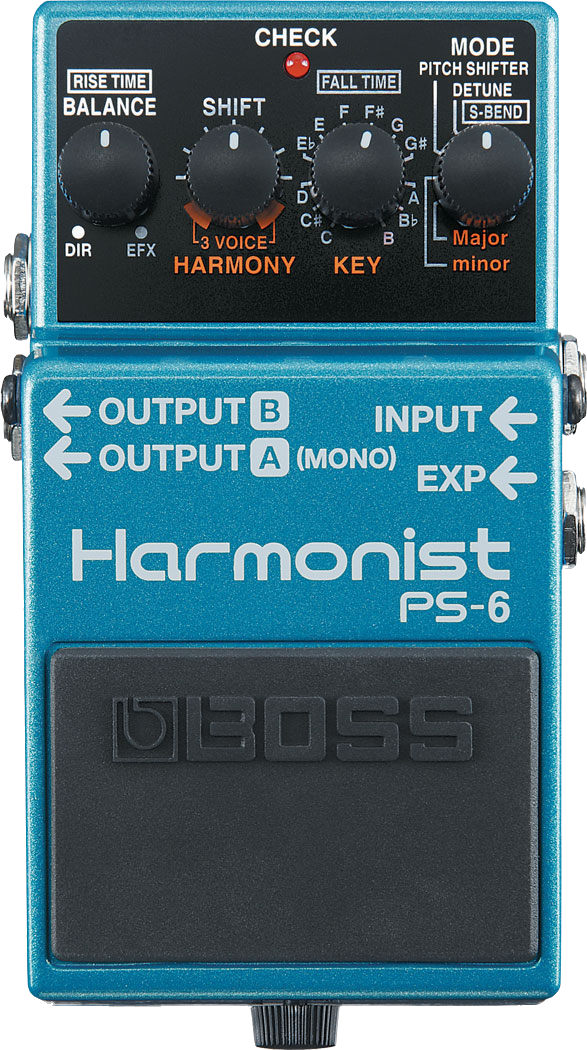 BOSS PS-6 Harmonist, top-down view, blue compact pedal with four knobs and footswitch