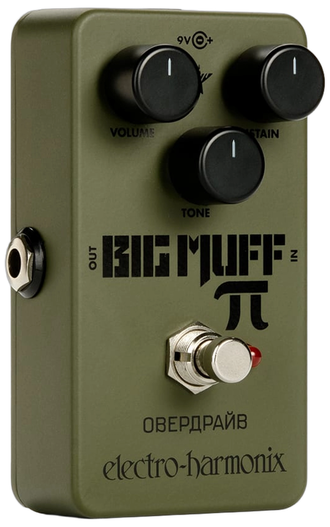 Electro-Harmonix Green Russian Big Muff Pi, three-quarter view, olive nano enclosure, Cyrillic overdrive text, Volume Sustain Tone