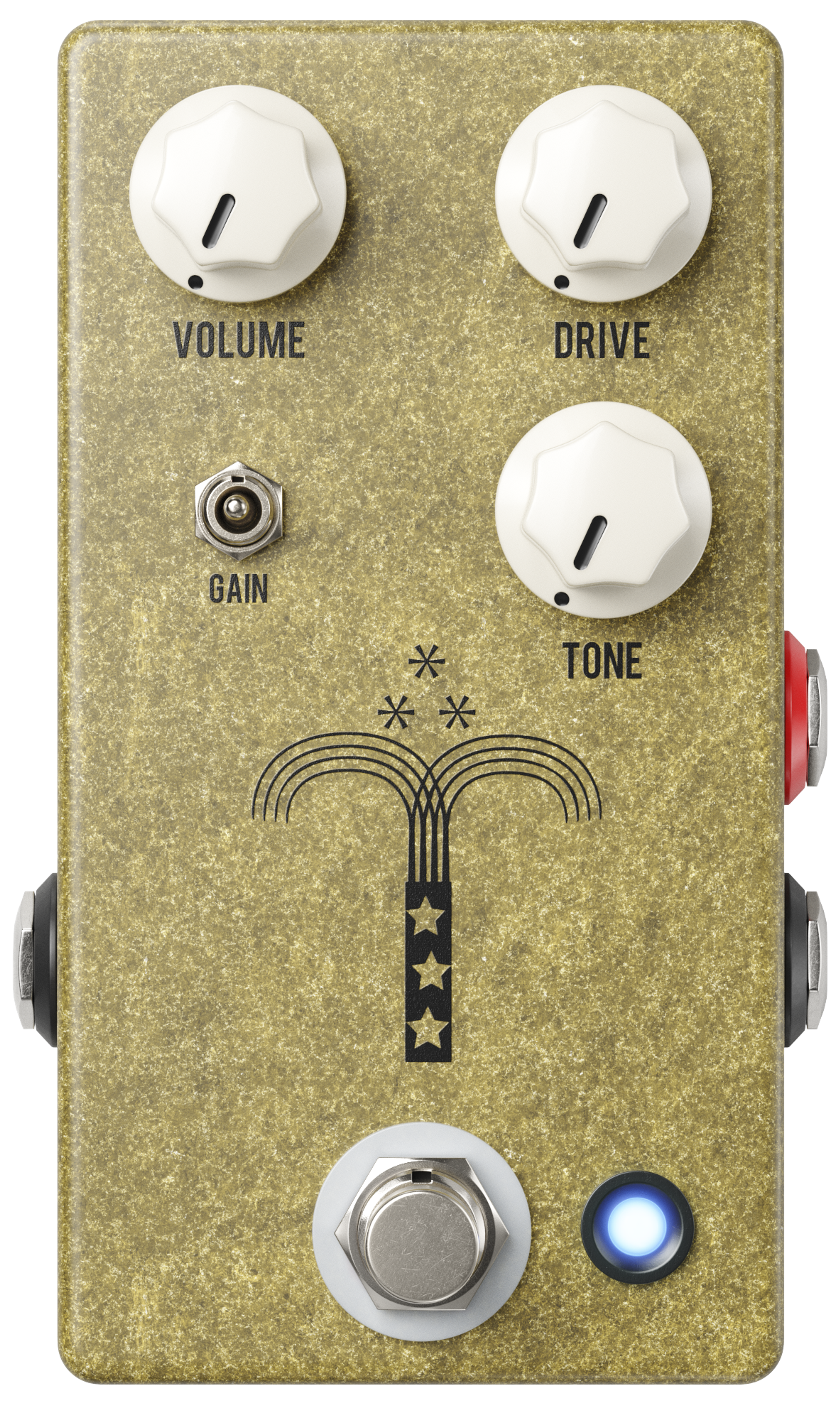 JHS Morning Glory V4, top-down, gold enclosure, Volume Drive and Tone knobs, gain toggle