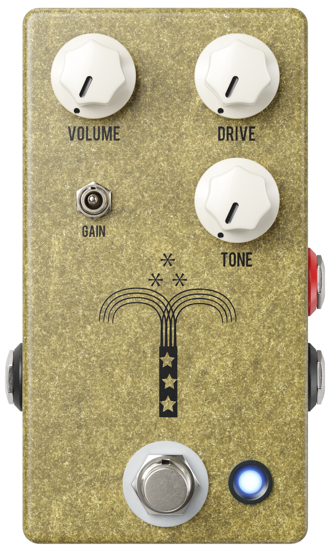 JHS Morning Glory V4, top-down, gold enclosure, Volume Drive and Tone knobs, gain toggle