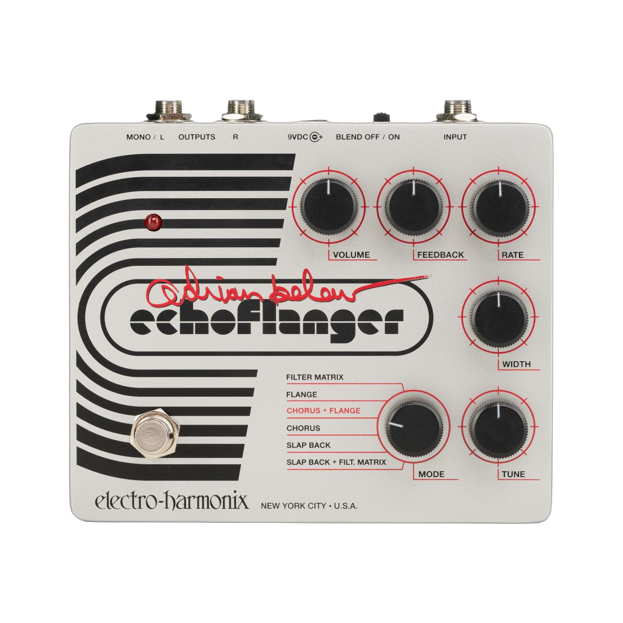 Electro-Harmonix Adrian Belew Echoflanger, top-down packshot, six knobs, MODE selector and red Belew signature
