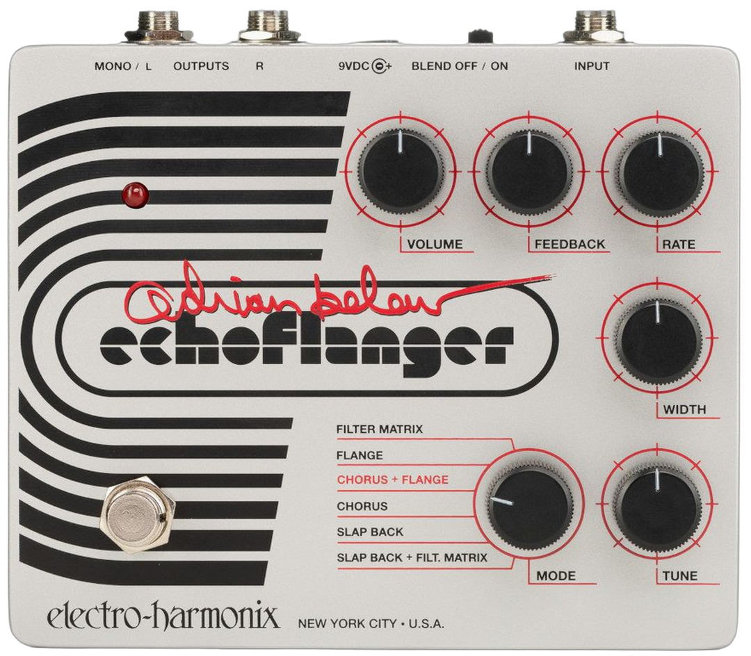 Electro-Harmonix Adrian Belew Echoflanger, top-down packshot, six knobs, MODE selector and red Belew signature