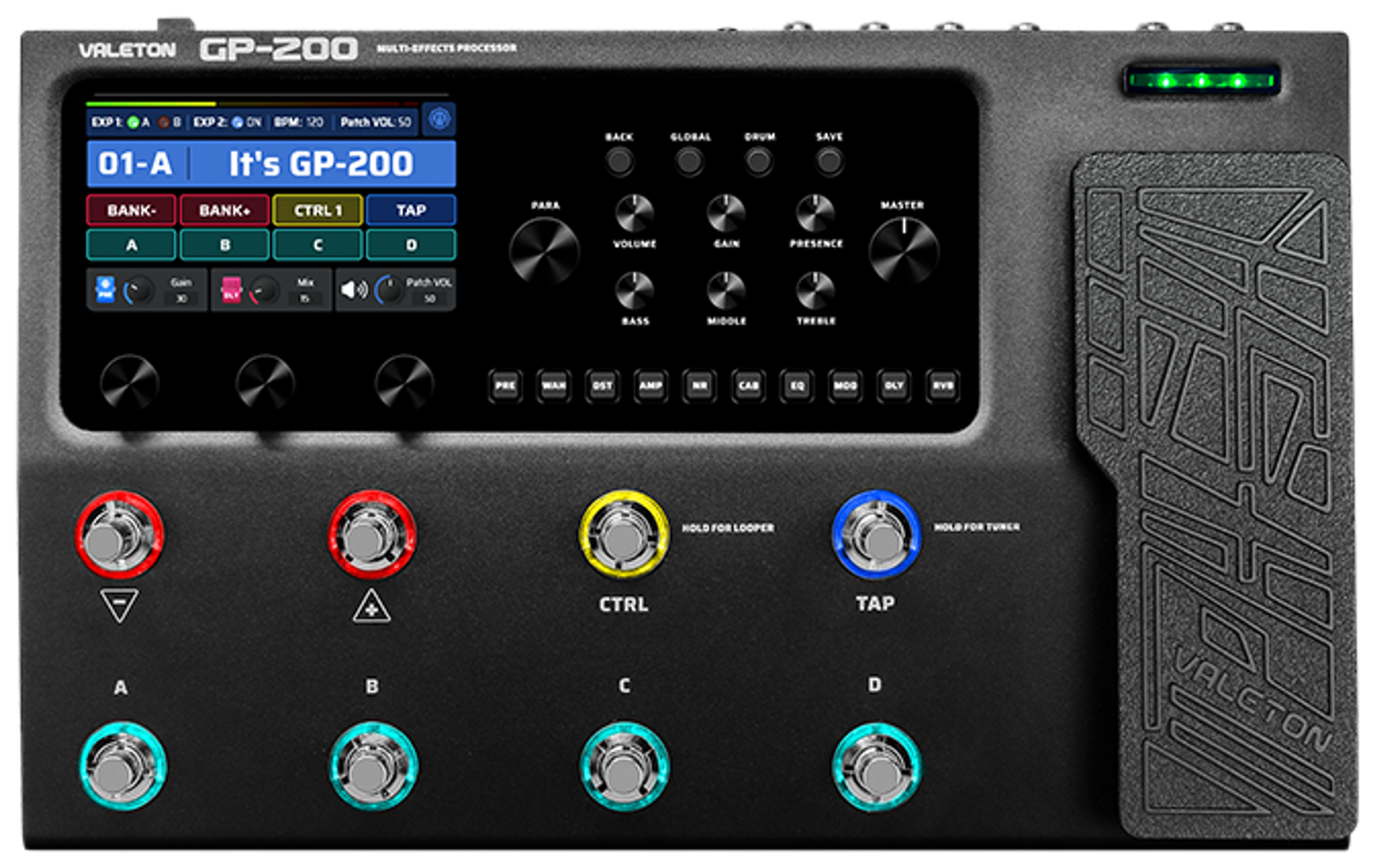 Valeton GP-200, top-down view, colour screen, expression pedal, eight coloured footswitches
