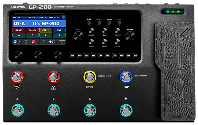 Valeton GP-200, top-down view, colour screen, expression pedal, eight coloured footswitches