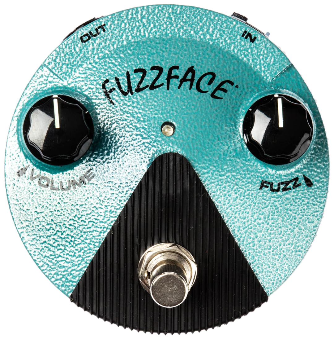 Dunlop Jimi Hendrix Fuzz Face Mini FFM3, top-down view, turquoise round enclosure, Volume and Fuzz knobs, black footswitch panel