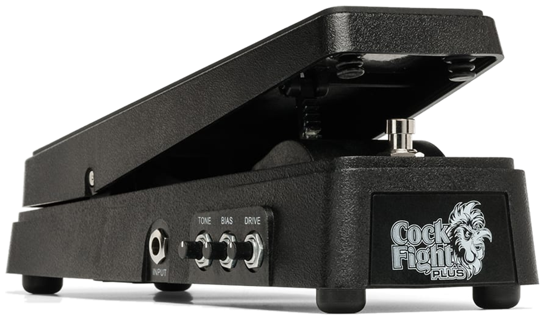 Electro-Harmonix Cock Fight Plus, three-quarter side view, black rocker pedal with side-mounted jacks and Cock Fight logo