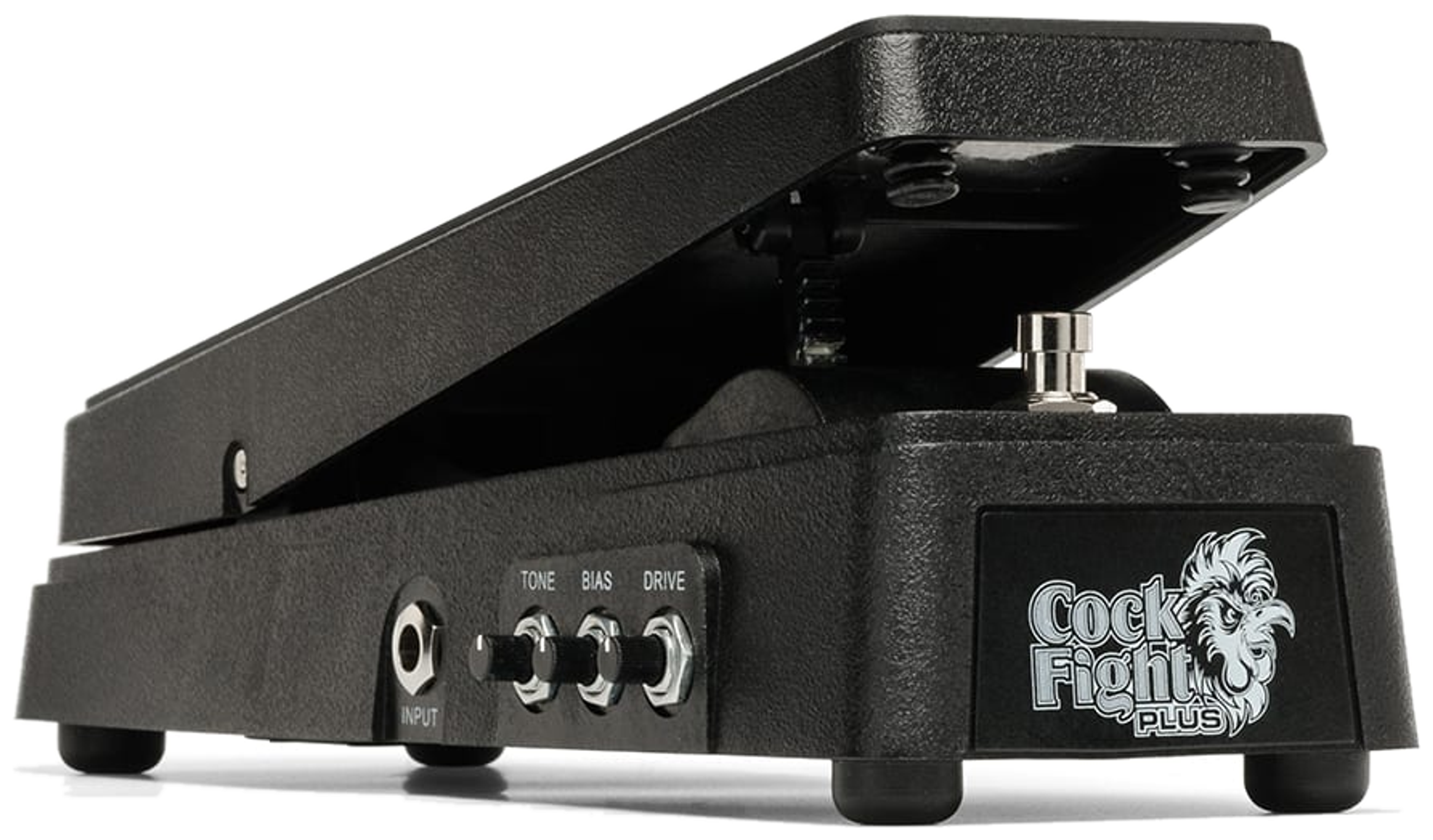 Electro-Harmonix Cock Fight Plus, three-quarter side view, black rocker pedal with side-mounted jacks and Cock Fight logo