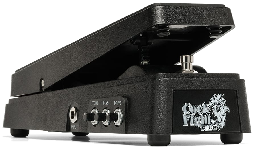 Electro-Harmonix Cock Fight Plus, three-quarter side view, black rocker pedal with side-mounted jacks and Cock Fight logo