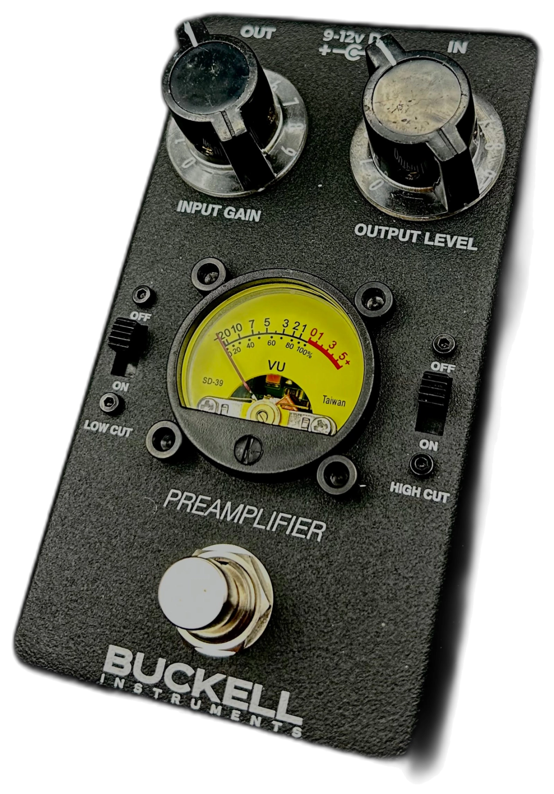 Buckell Instruments Preamplifier, top-down, black enclosure, yellow VU meter, two knobs