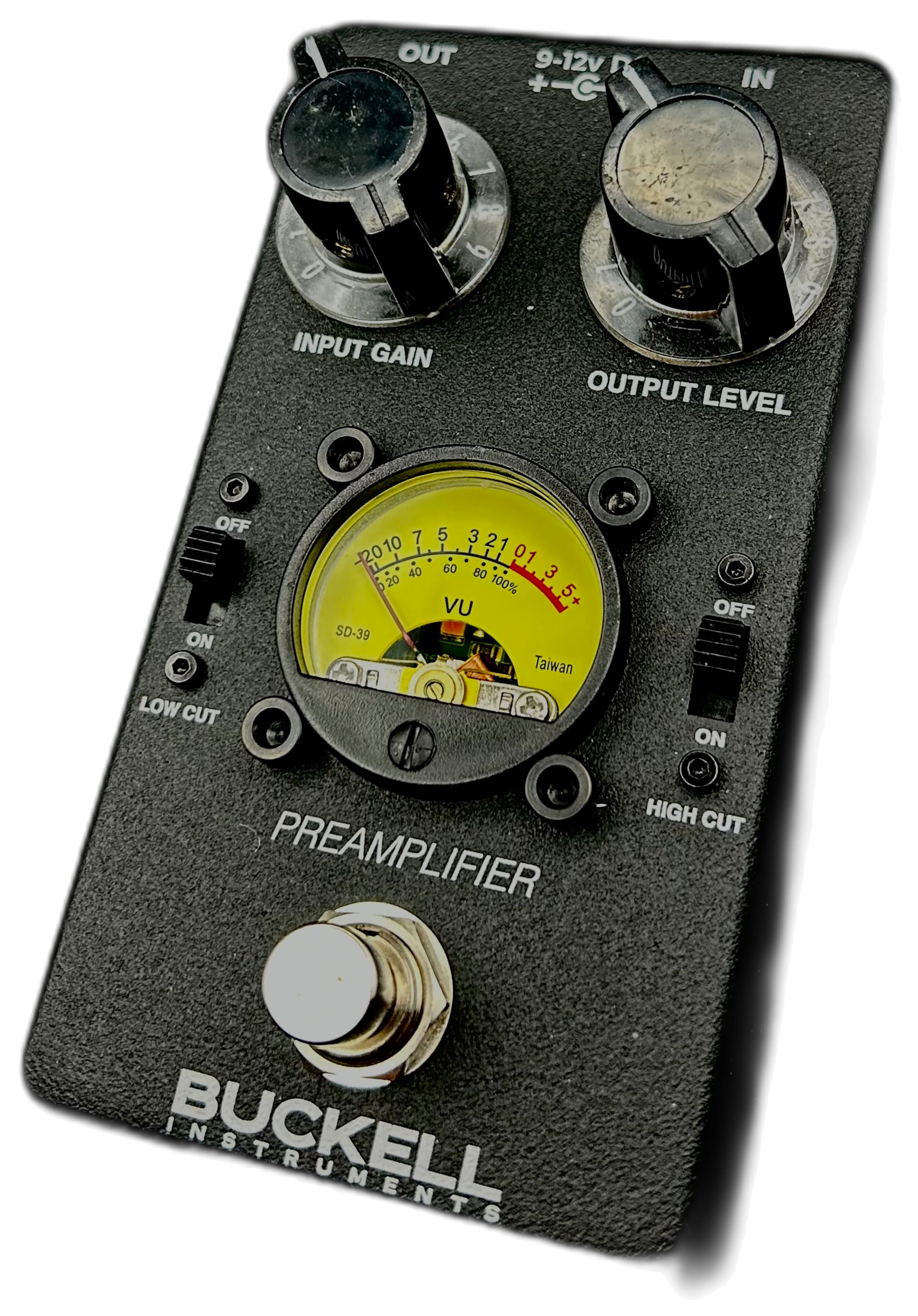Buckell Instruments Preamplifier, top-down, black enclosure, yellow VU meter, two knobs