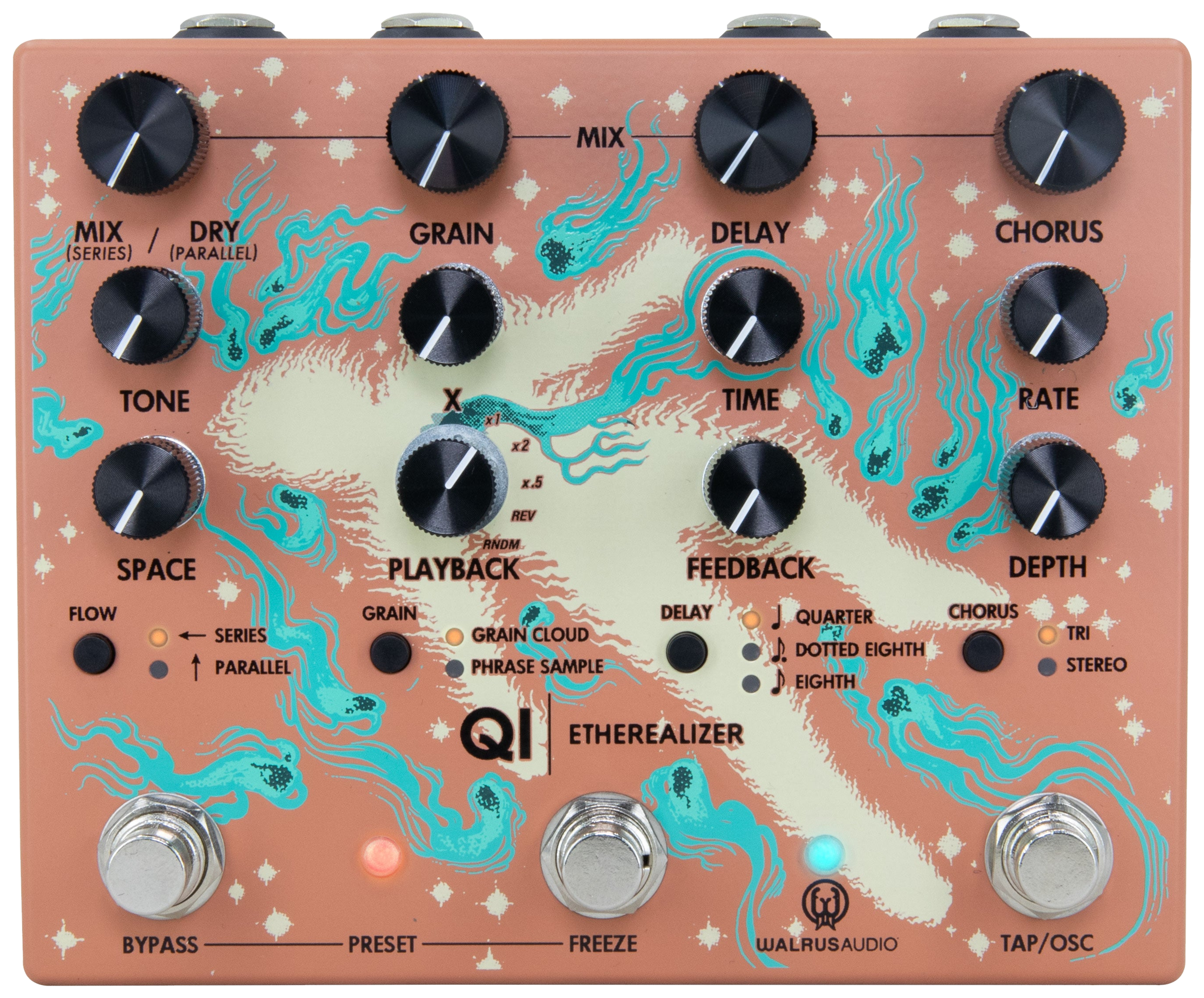 Walrus Audio Qi Etherealizer, top-down view, terracotta enclosure with Yvette Young artwork, twelve knobs, three footswitches