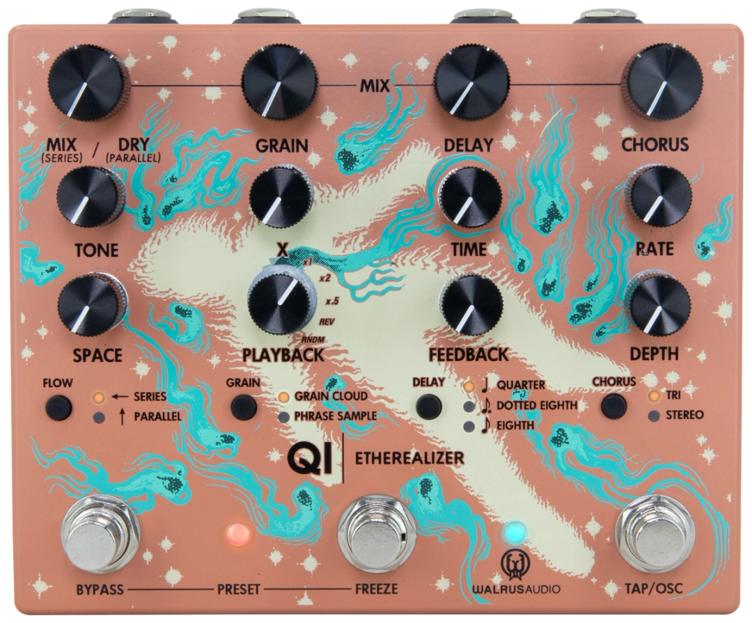 Walrus Audio Qi Etherealizer, top-down view, terracotta enclosure with Yvette Young artwork, twelve knobs, three footswitches