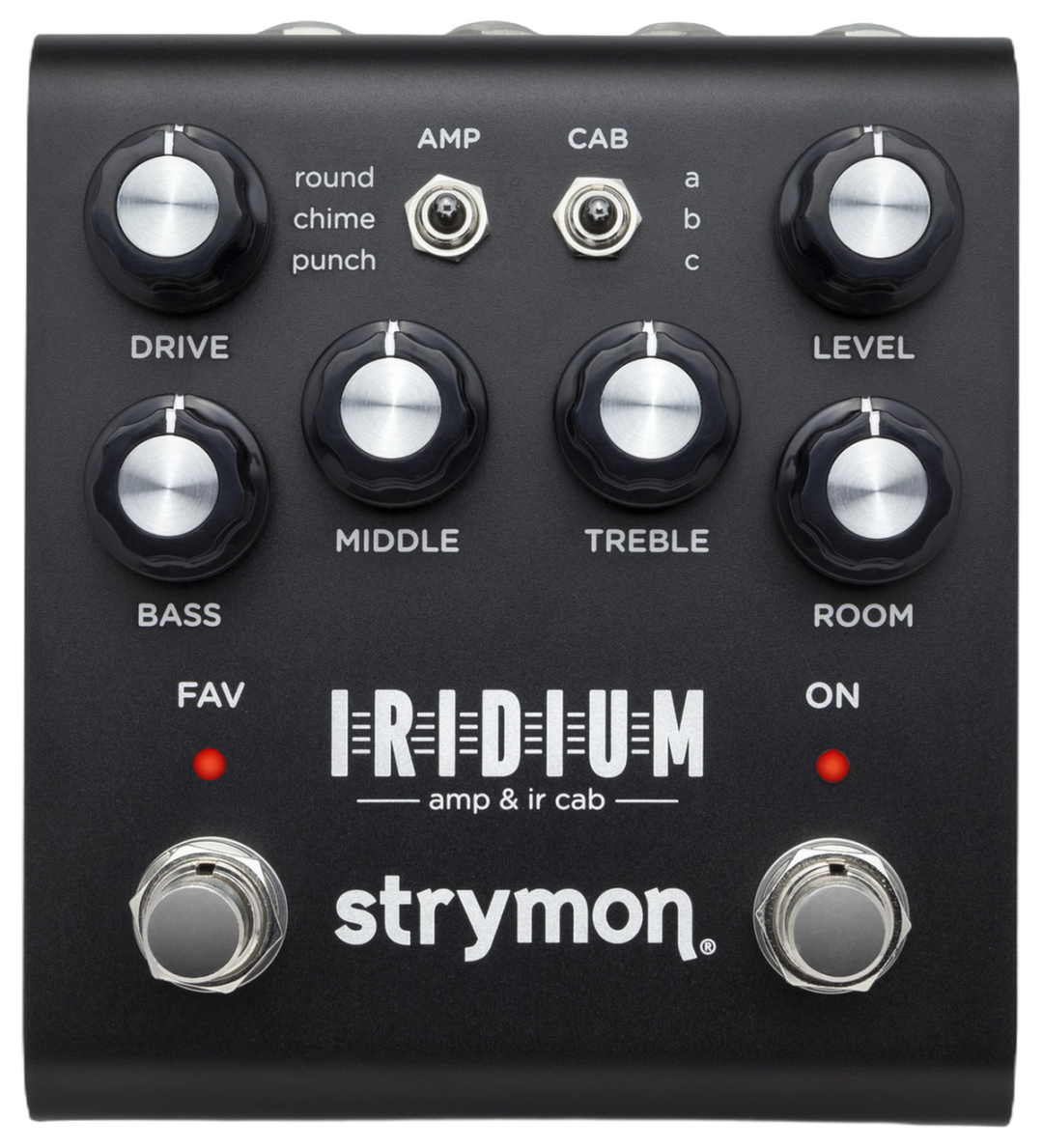 Strymon Iridium, top-down view, black enclosure, Drive Level Bass Middle Treble Room knobs, AMP CAB toggles