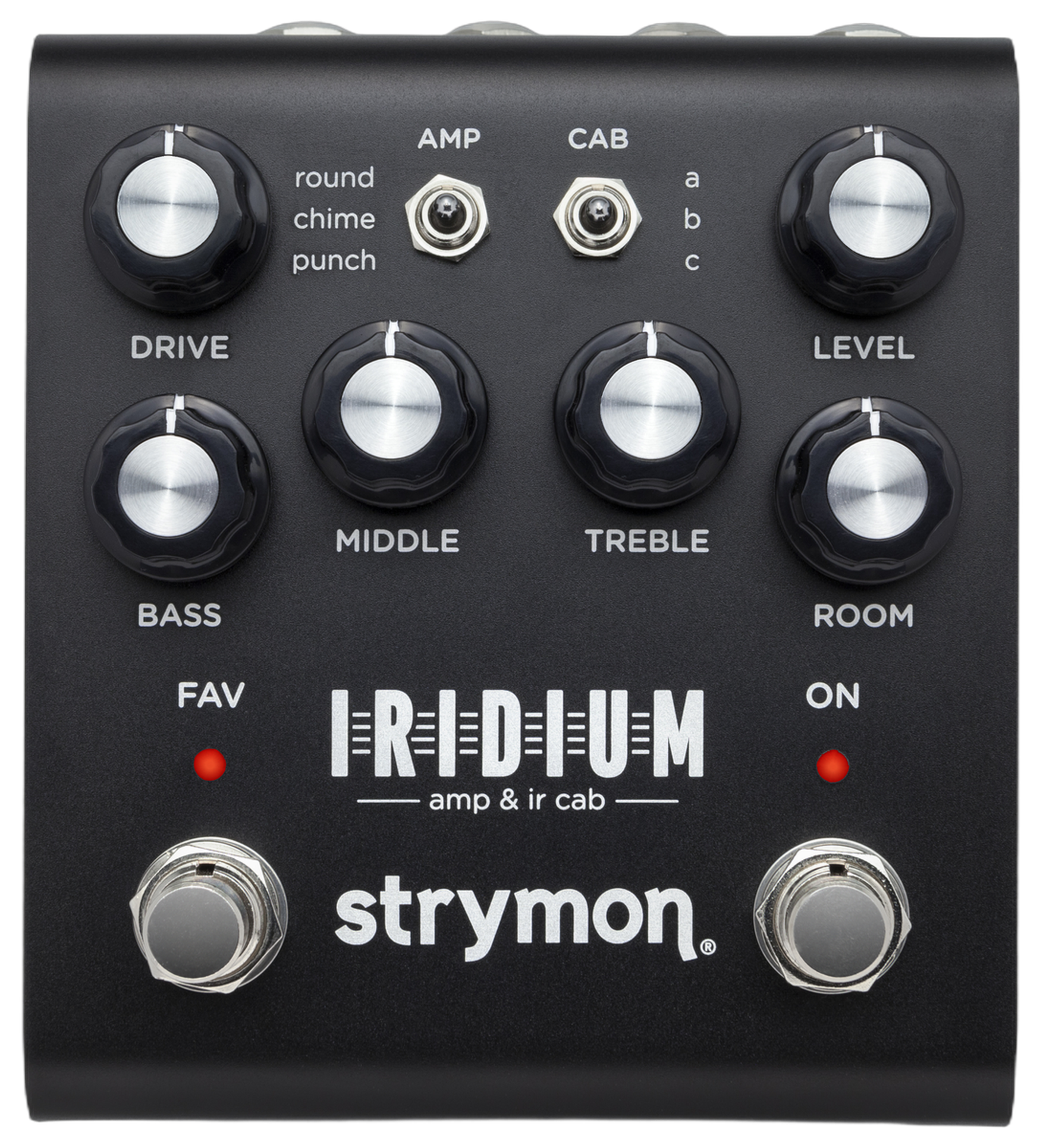 Strymon Iridium, top-down view, black enclosure, Drive Level Bass Middle Treble Room knobs, AMP CAB toggles