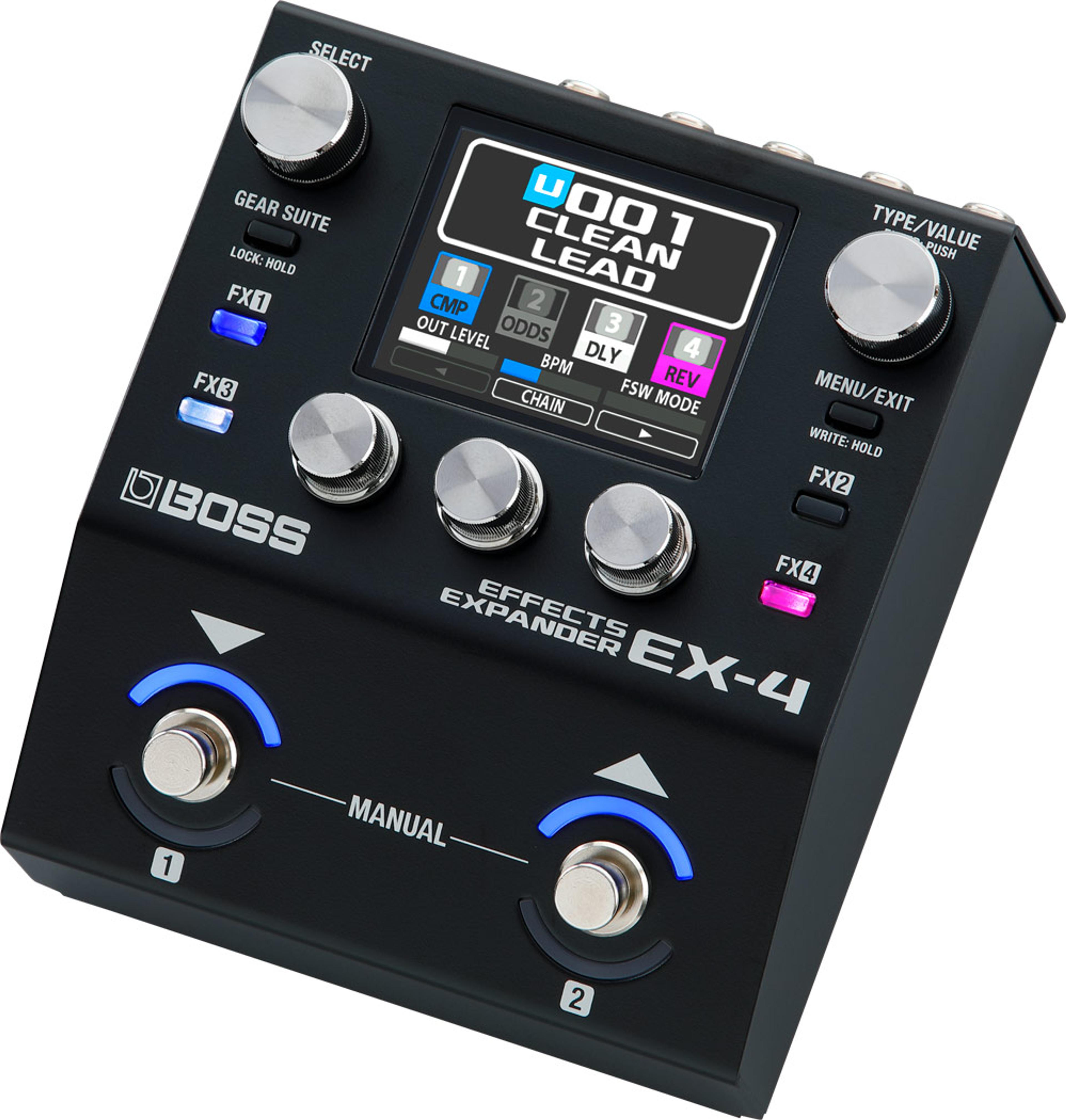 Boss EX-4 Effects Expander, angled view on white background showing top panel and side